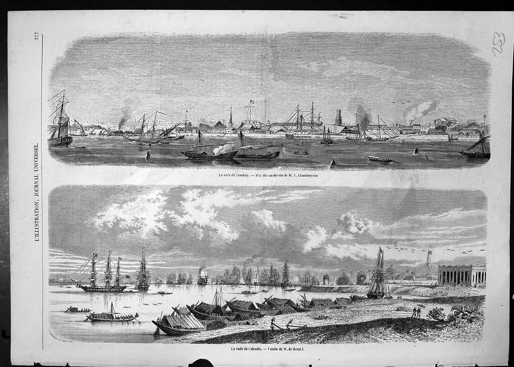 Old Antique Print Harbour Calcutta Boats Berard Harbour Bombay Chambeyron
