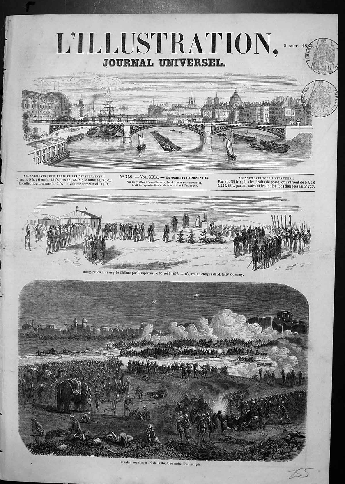 Original Old Antique Print Inauguration Camp Chalons Emperor Combat Moors Delhi