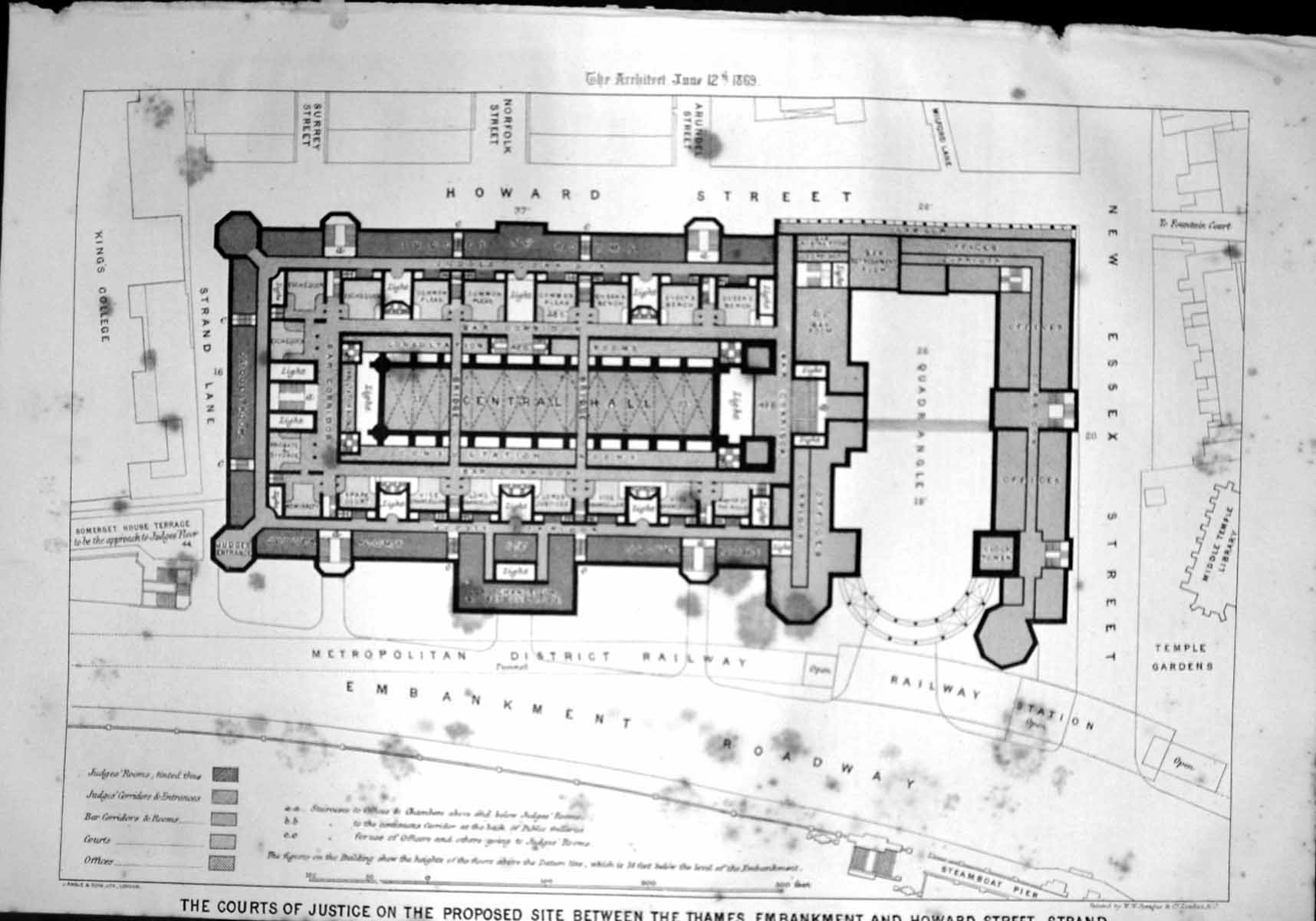 Old Print Courts Justice Proposed Site Thames Embankment Strand Plan 1869 19th
