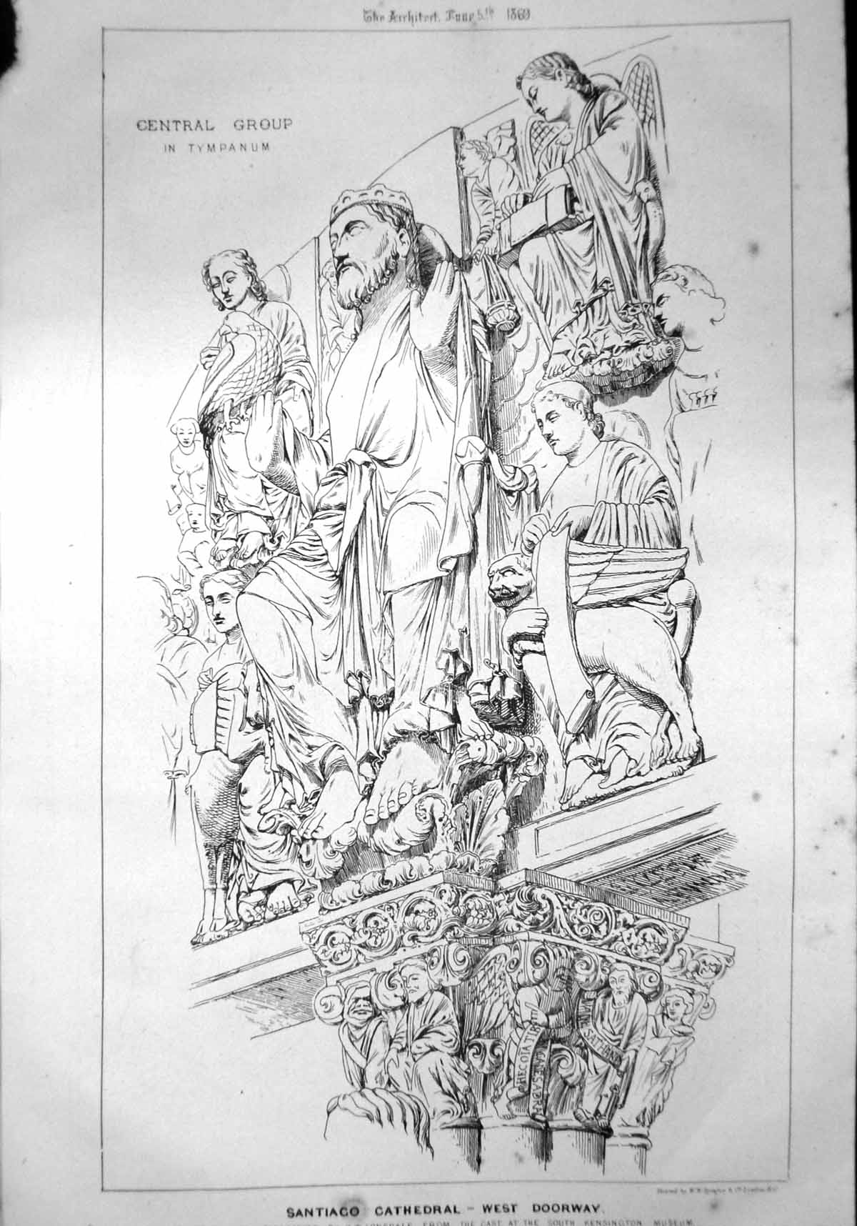 Antique Old Print Santiago Cathedral West Doorway Central Group Statues 1869