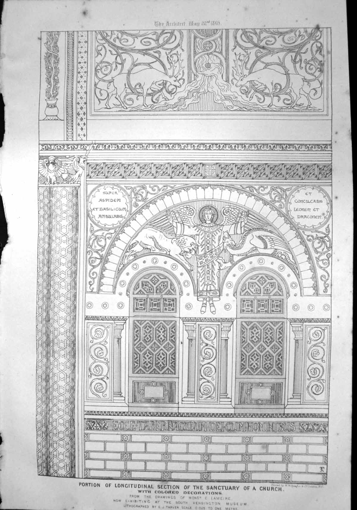 Old Print Portion Longitudinal Section Sanctuary Church Angel Stags 1869 19th