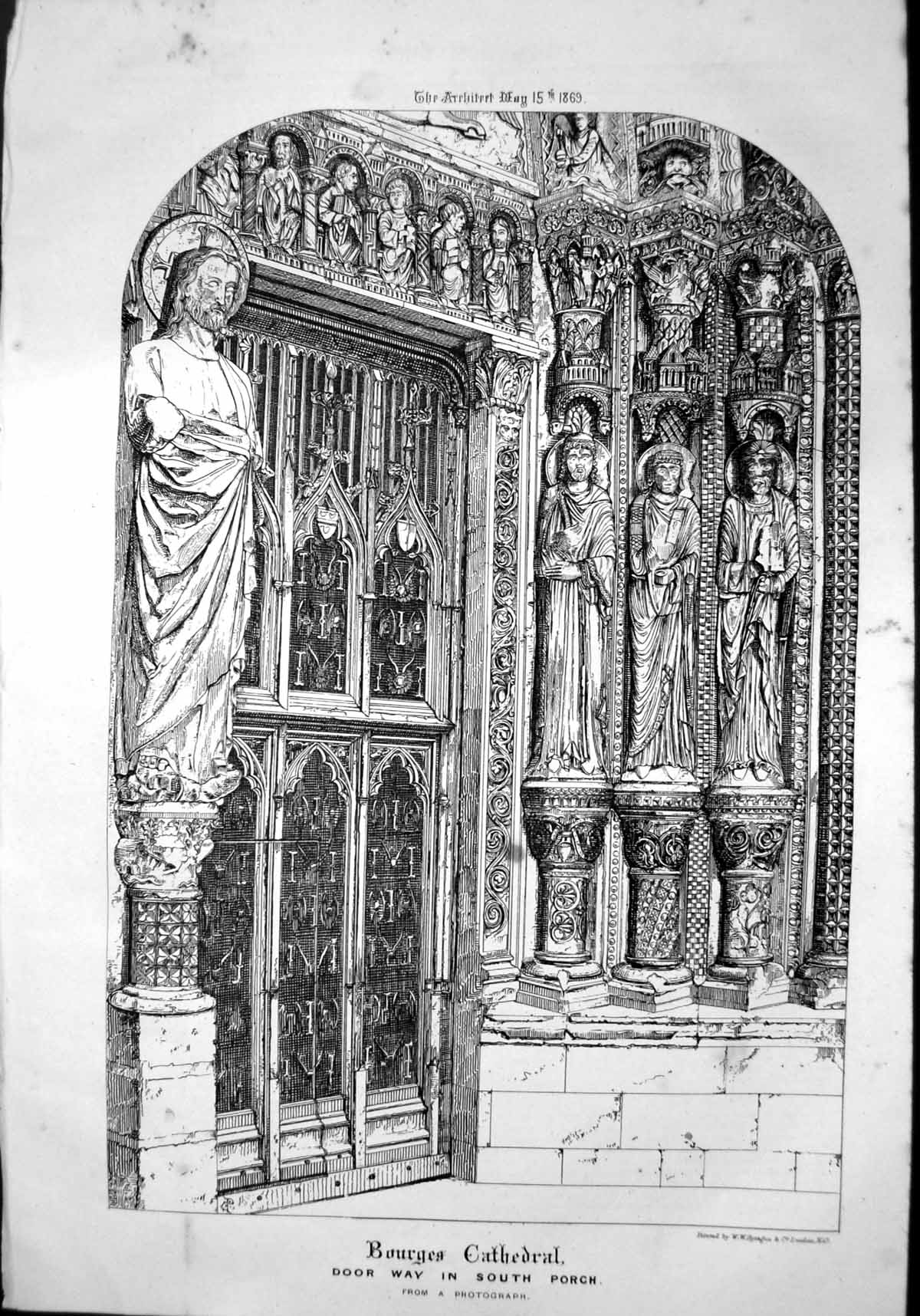 Antique Old Print Bourges Cathedral Doorway South Porch Statues Columns 1869