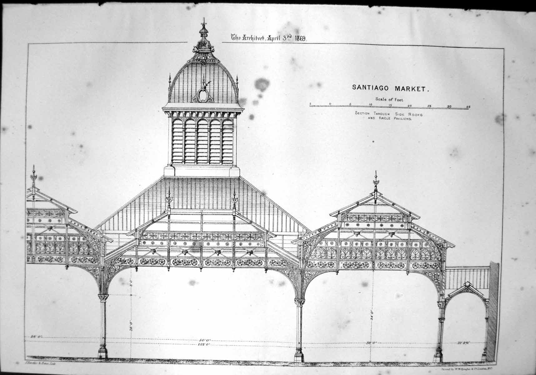Old Print Santiago Market Section Through Side Roofs Angle Pavilions 1869 19th
