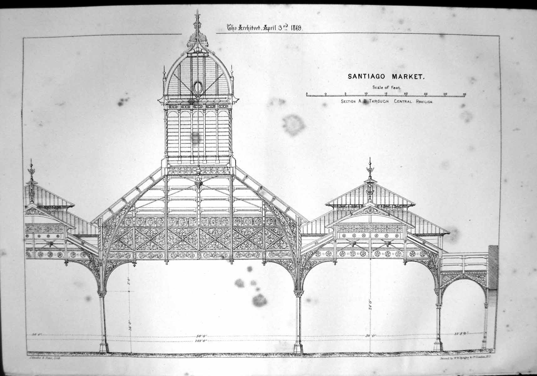 Old Print Santiago Market Section Through Central Pavilion Metalwork 1869 19th