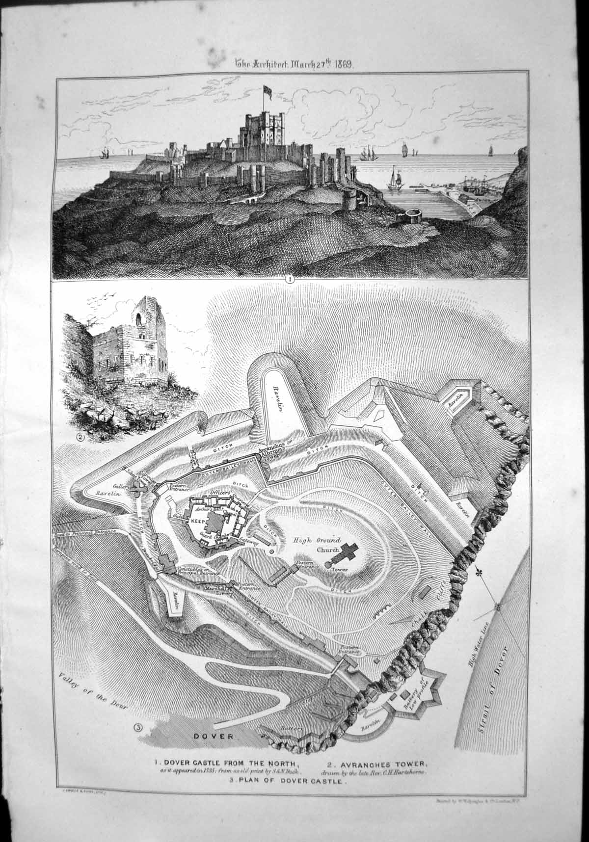 Old Print Dover Castle From North Avranches Tower Plan Castle Church 1869 19th
