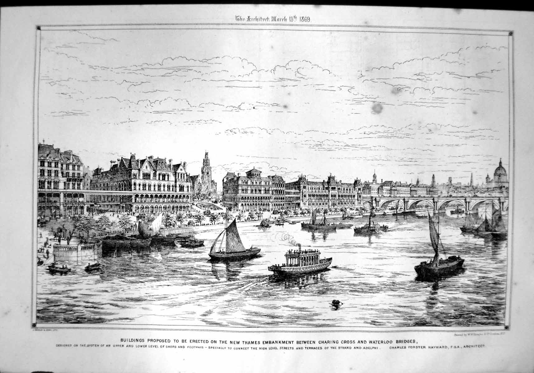 Old Print Buildings Proposed Thames Embankment General View Bridges 1869 19th