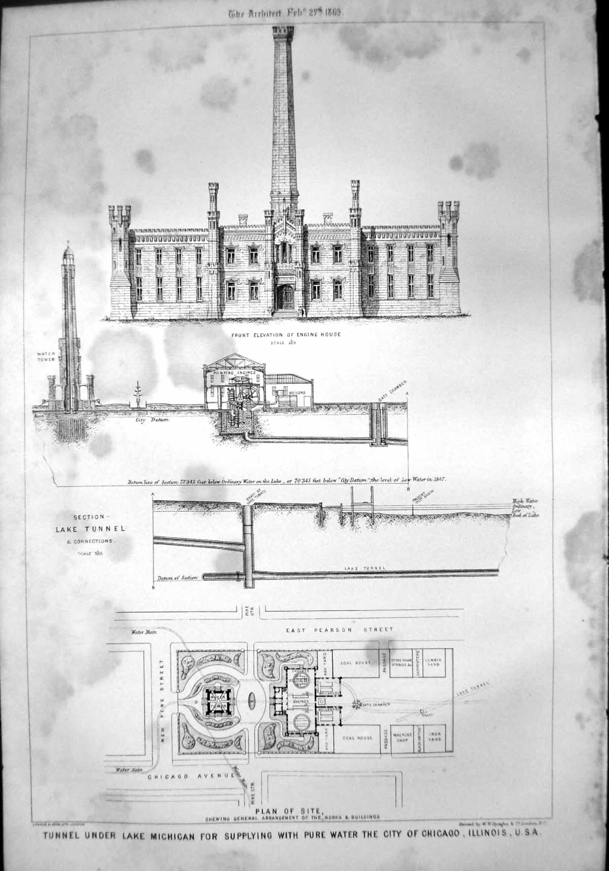 Old Print Tunnel Under Lake Michigan Supply Chicago Engine House Elevation 1869