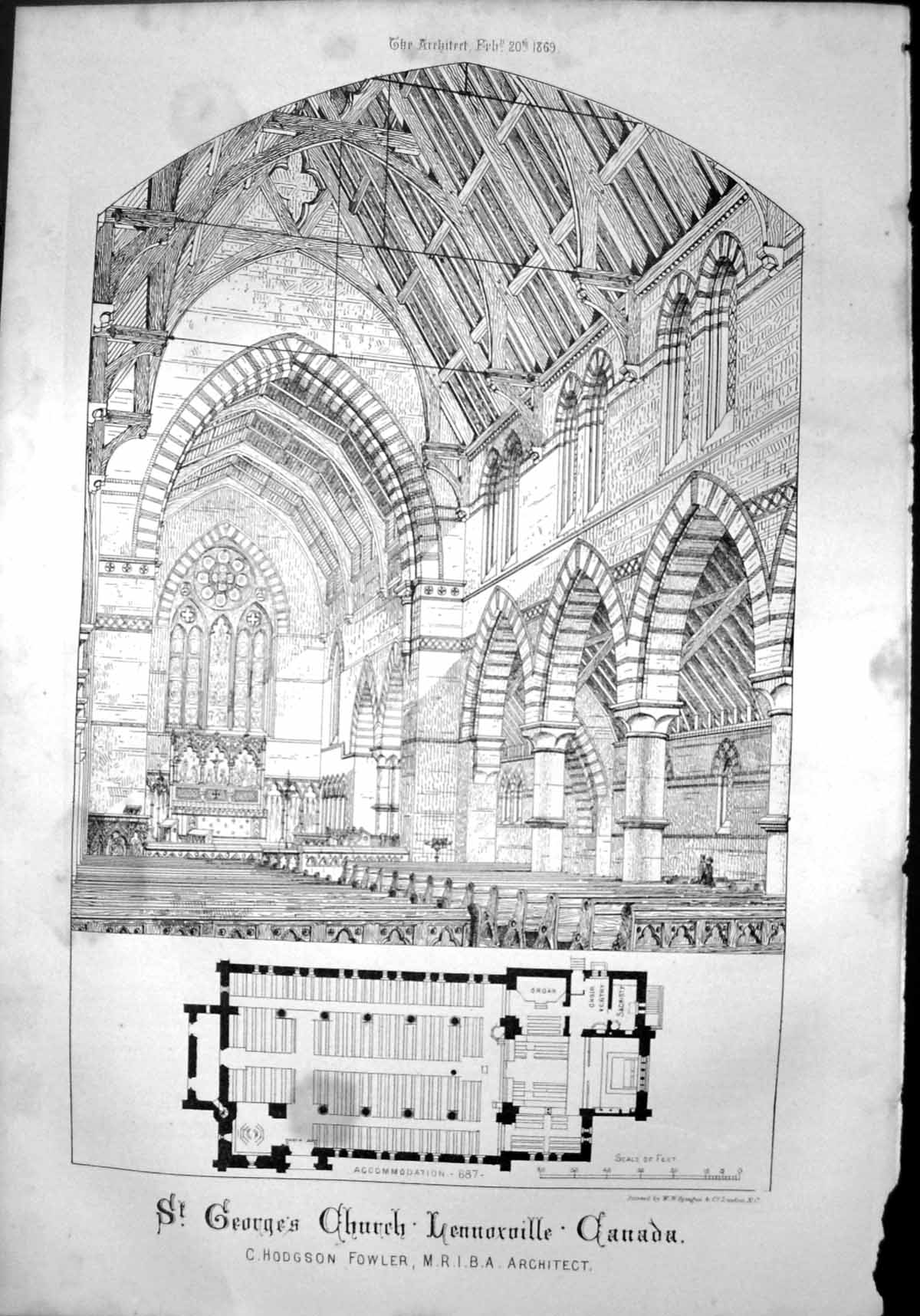 Old Print St George'S Church Lennoxville Canada Interior Plan Fowler 1869 19th