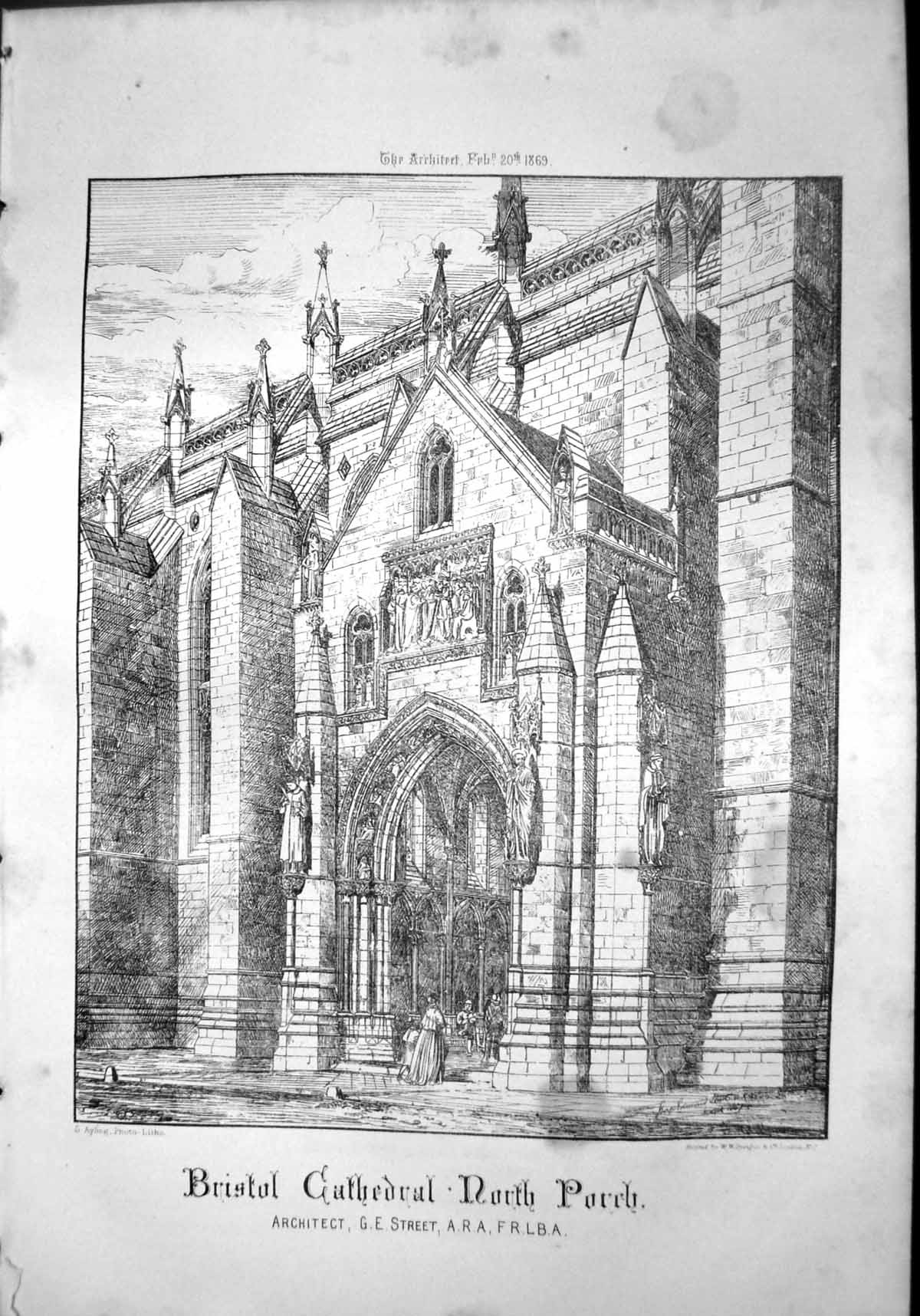 Antique Print Bristol Cthedral North Porch Architect GE Street Statues 1869