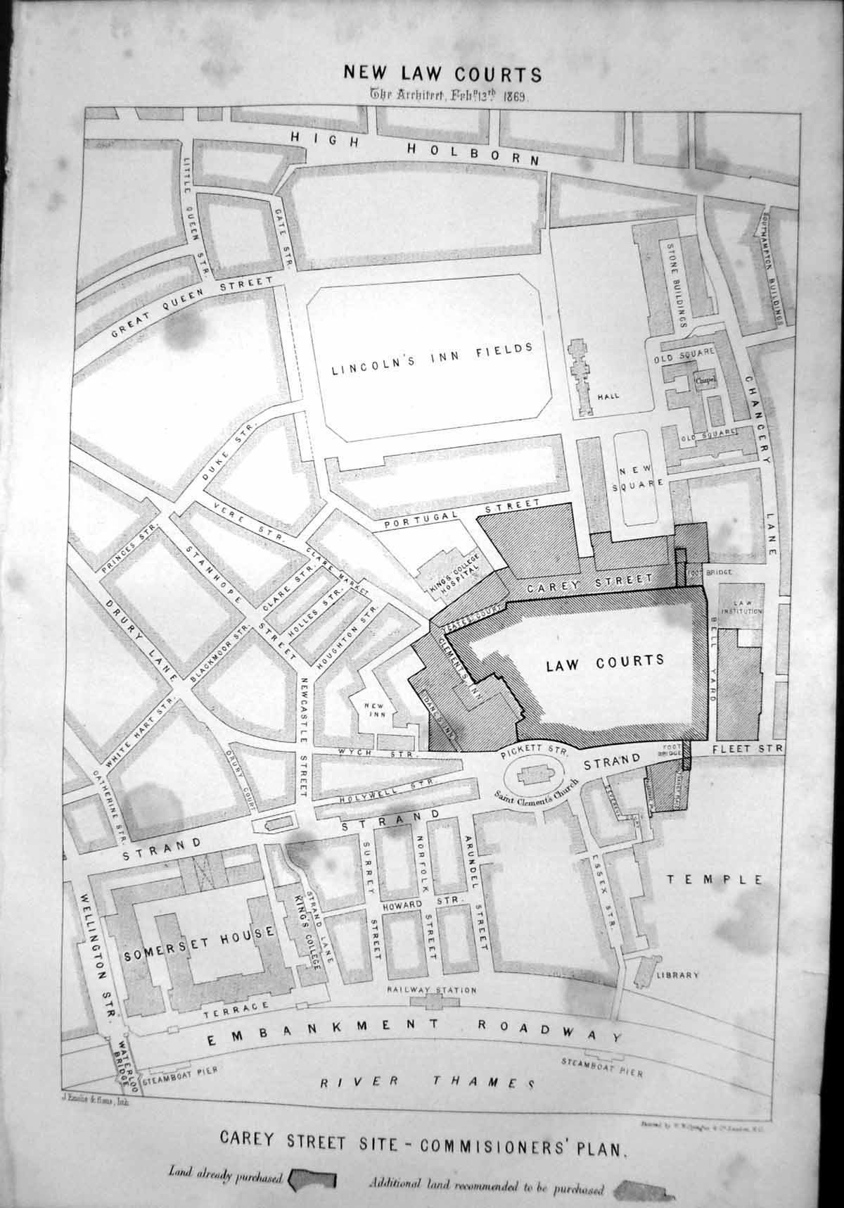 Old Print New Law Courts Carey Street Site Commisioner'S Plan London 1869 19th
