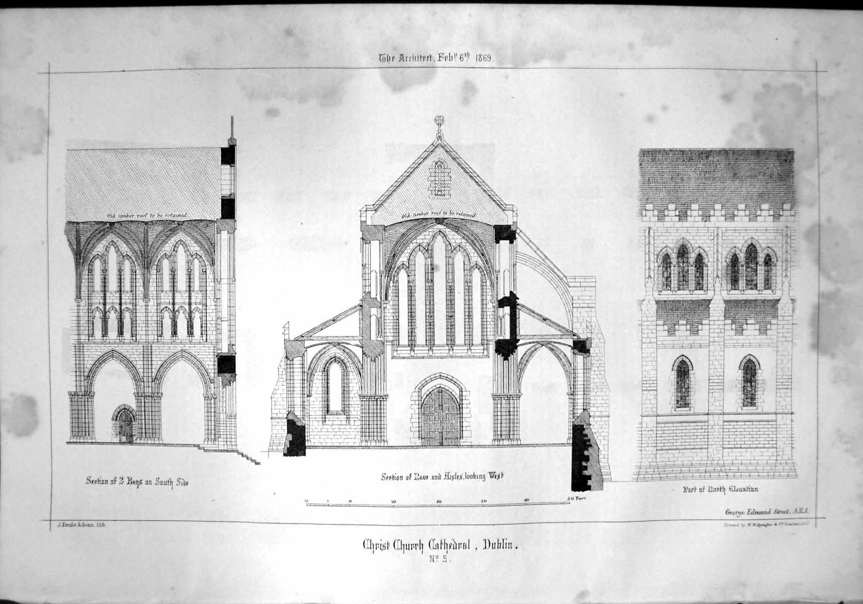 Antique Print Christ Church Cathedral Dublin No5 Elevations GE Street 1869