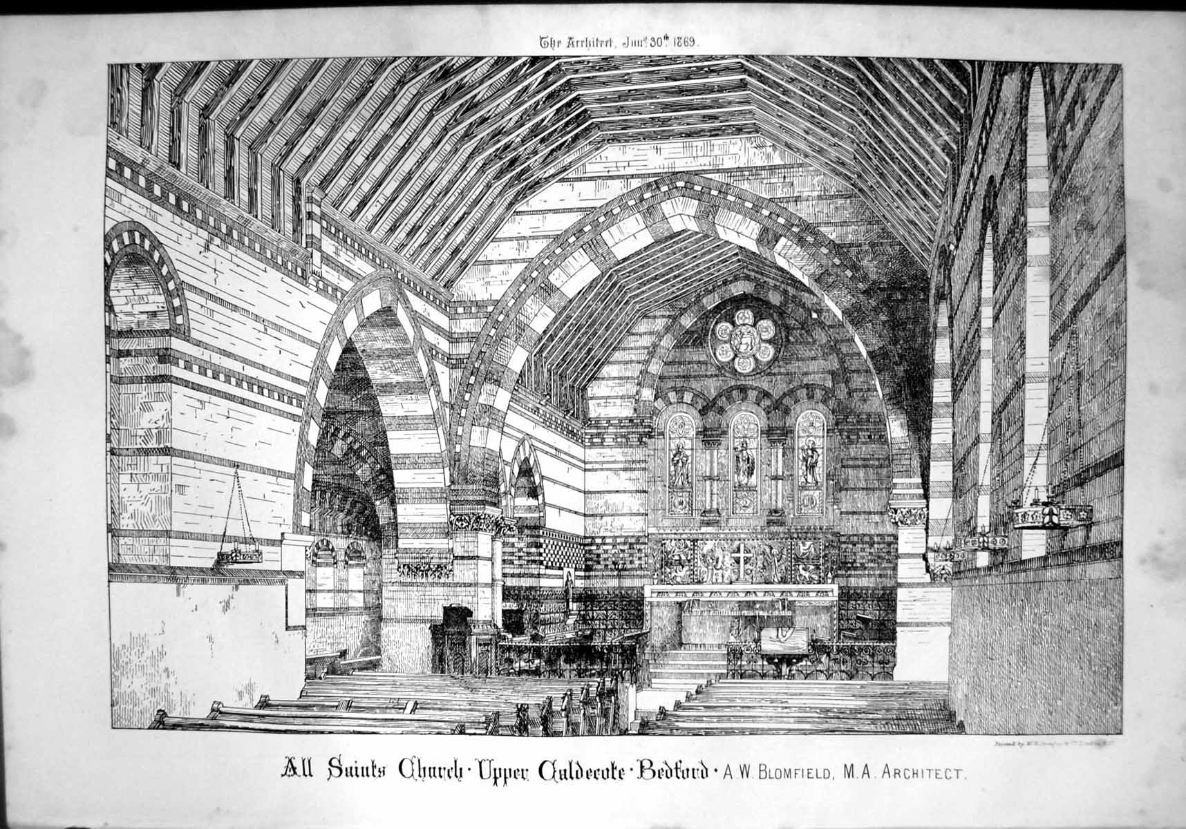 Antique Print All Saints Church Upper Caldecote Bedford A W Blomfield 1869 19th
