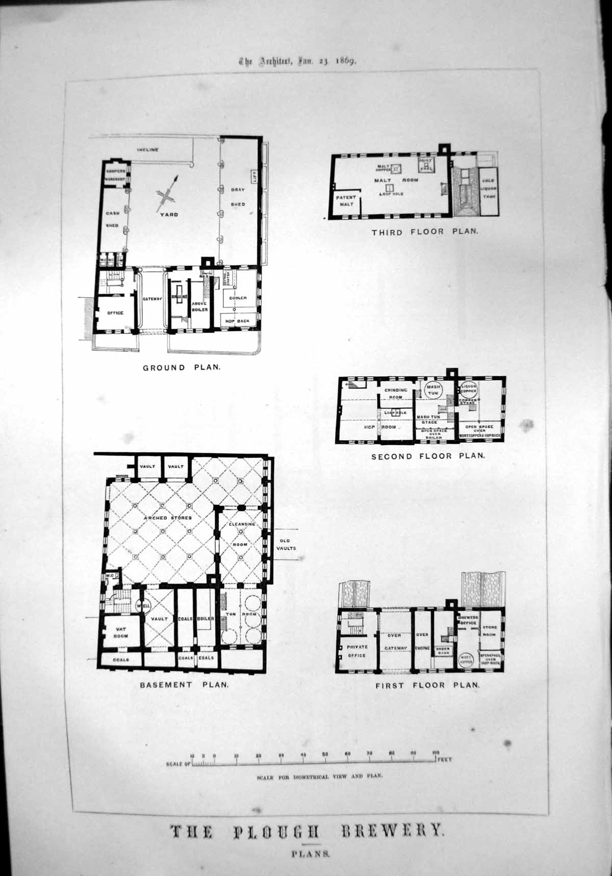 Old Print Plough Brewery Plans Basement Ground-3Rd Floors Wandsworth 1869