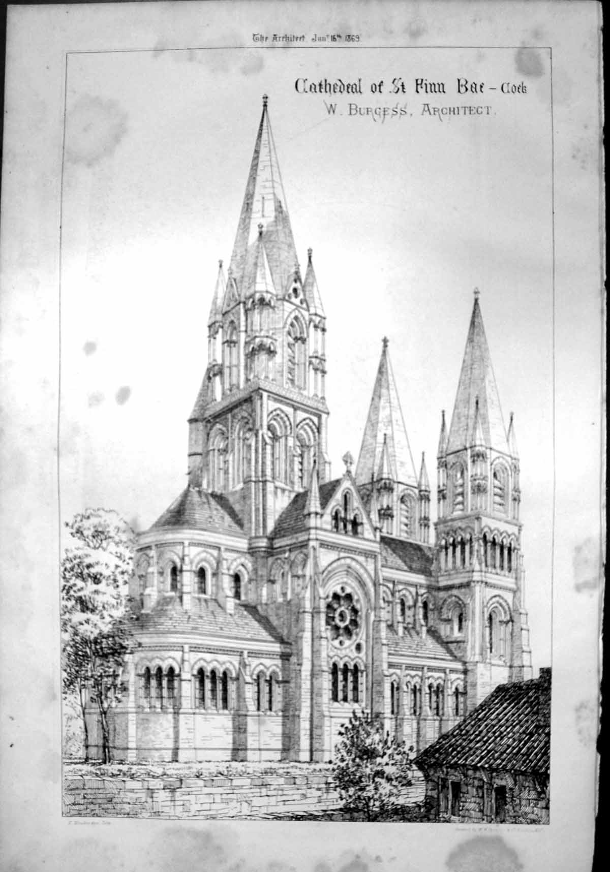 Antique Print Cathedral St Finn Bar W Burgess Architect Exterior View 1869 19th