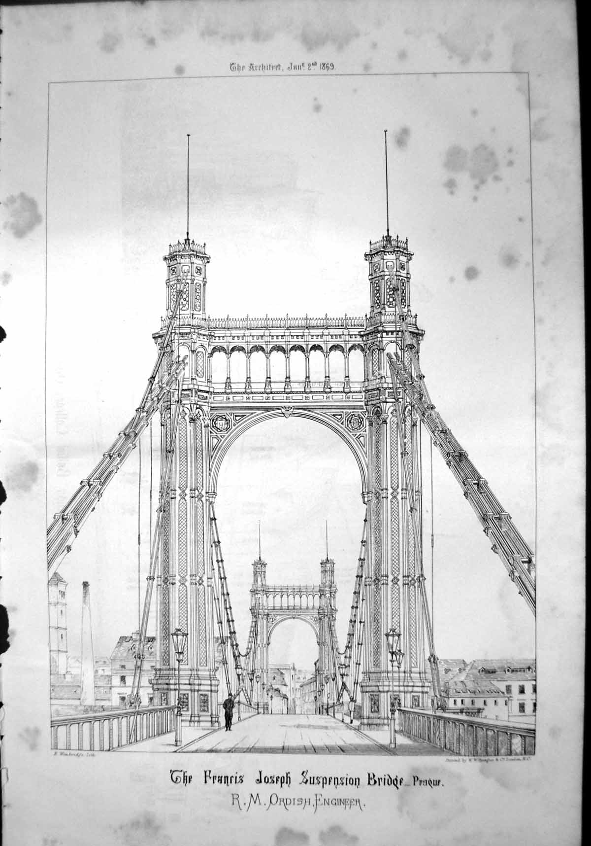 Old Print Francis Joseph Suspension Bridge Prague Rm Ordish Engineer 1869 19th