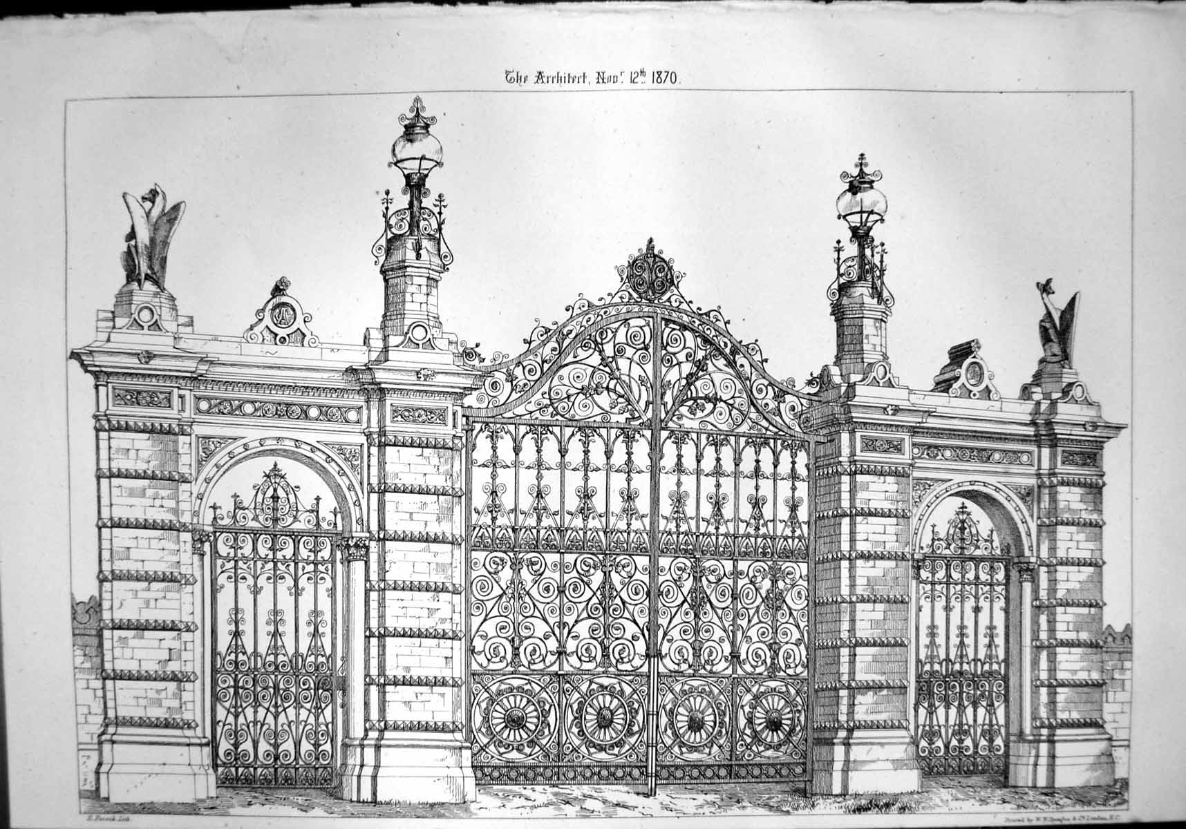 Old Print Beautiful Metalwork Gates Imposing Ornate Spirals Statuary 1870 19th