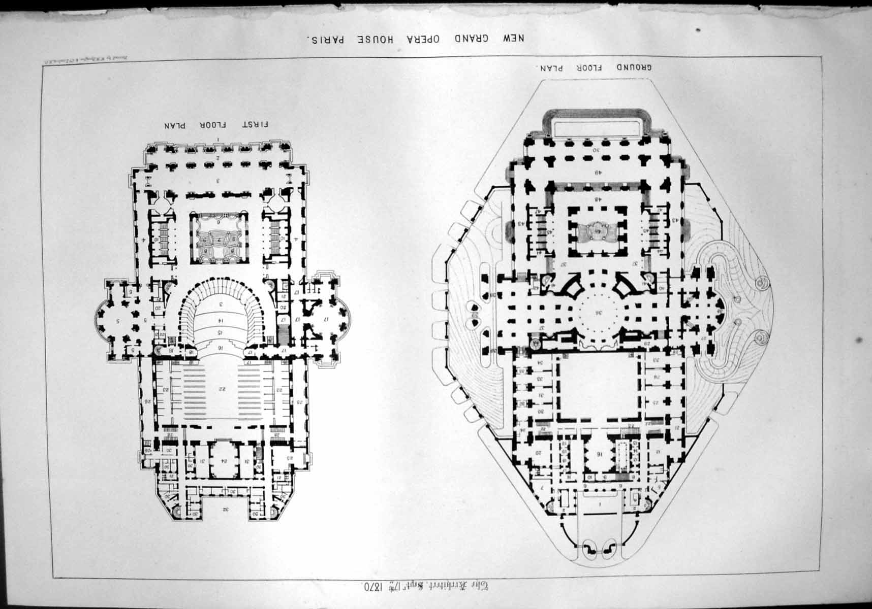 Antique Old Print New Grand Opera House Paris Ground First Floor Plans 1870