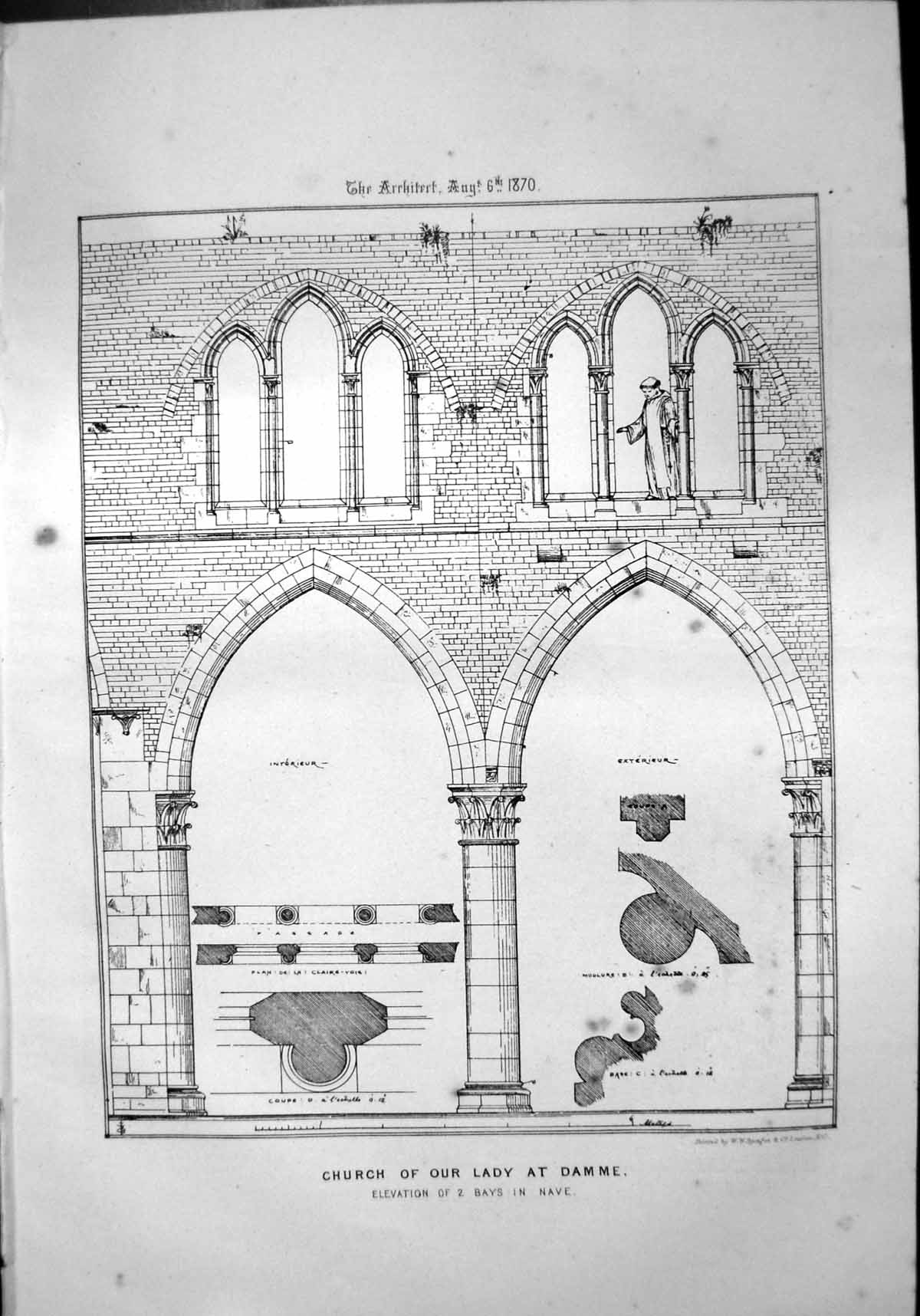 Old Print Church Our Lady Damme ElevationBays Nave Plans Columns 1870