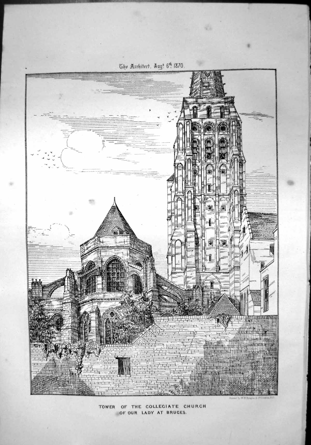 Old Print Tower Collegiate Church Our Lady Bruges Stonework Windows 1870 19th
