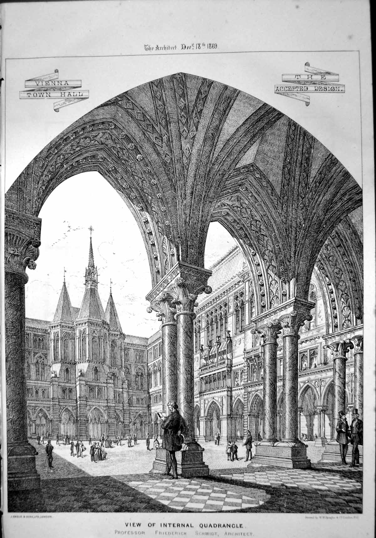 Antique Old Print Vienna Town Hall View Internal Quadrangle PrF Schmidt 1869