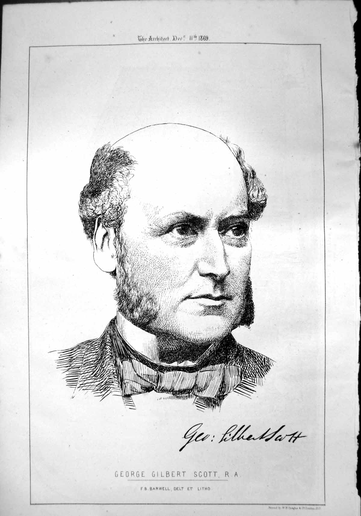 Old Print George Gilbert Scott Ra Fb Barwell Delt Et Litho Portrait 1869 19th