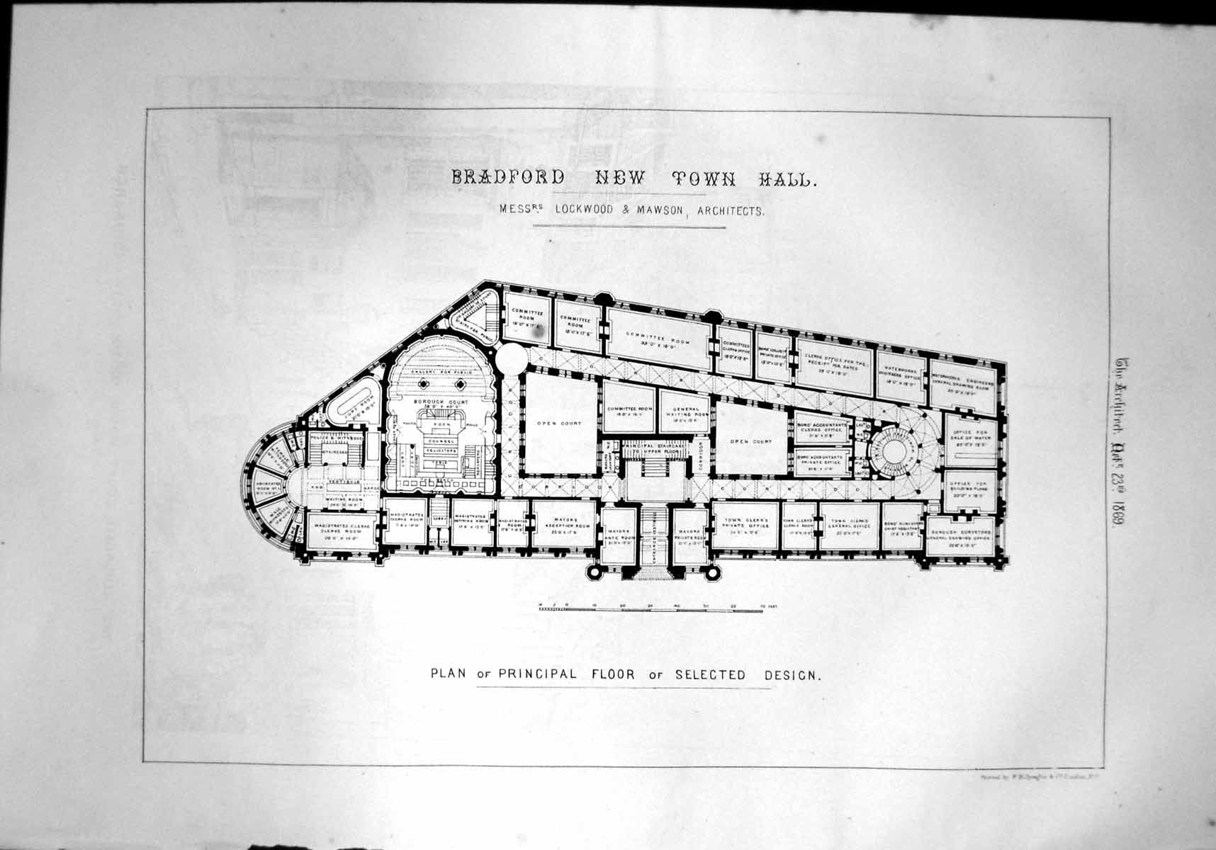 Old New Town Hall Bradford Plan Principal Floor Lockwood Mawson 1869 Victorian