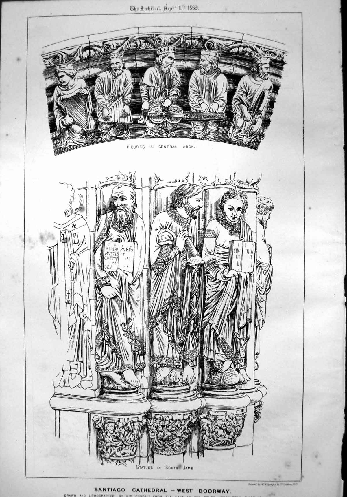 Antique Old Print Santiago Cathedral West Doorway Statues South Jamb Arch1869