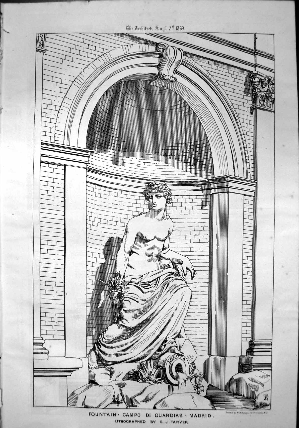 Old Print Fountain Campo Di Guardias Madrid Lithographed E J Tarver 1869 19th