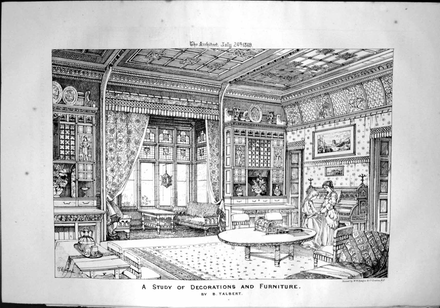 Old Print Study Decorations Furniture Piano Ornate Dressers Curtains 1869 19th