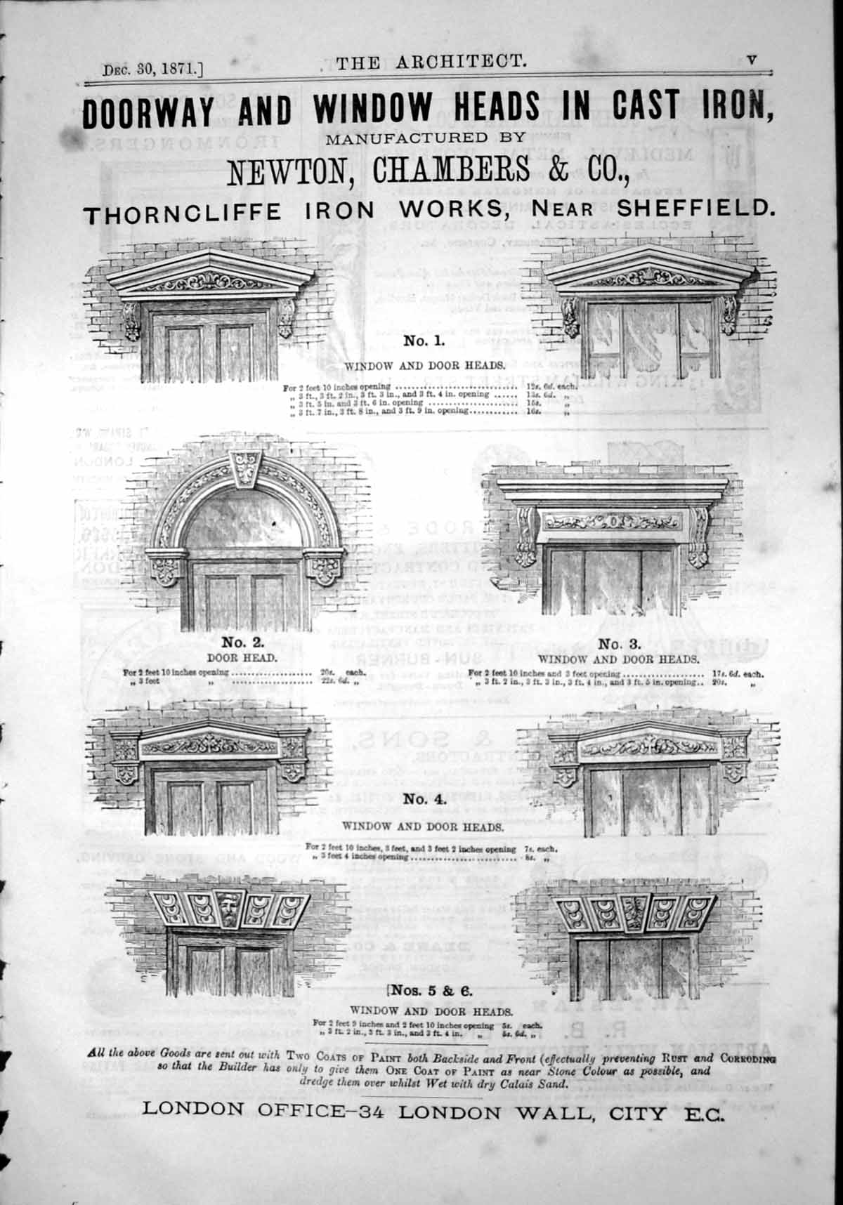 Old Print Cast-Iron Door Window Heads Adverts Thorncliffe Sheffield 1871 19th