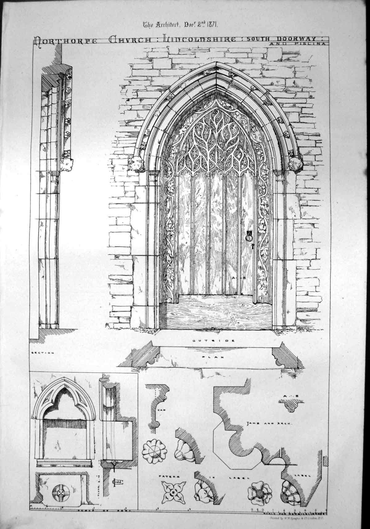 Antique Old Print Northorpe Church Lincolnshire South Doorway Piscina 1871 19th