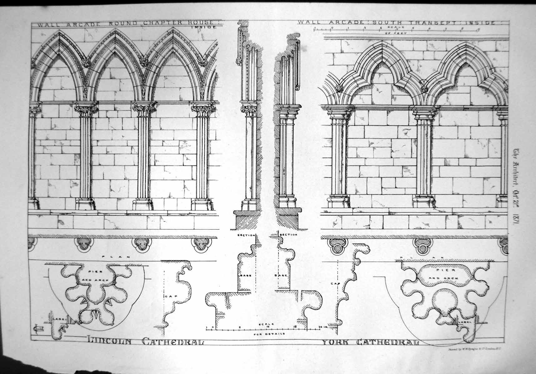 Old Print Lincoln Cathedral York Wall Arcade Chapter House Transept 1871 19th