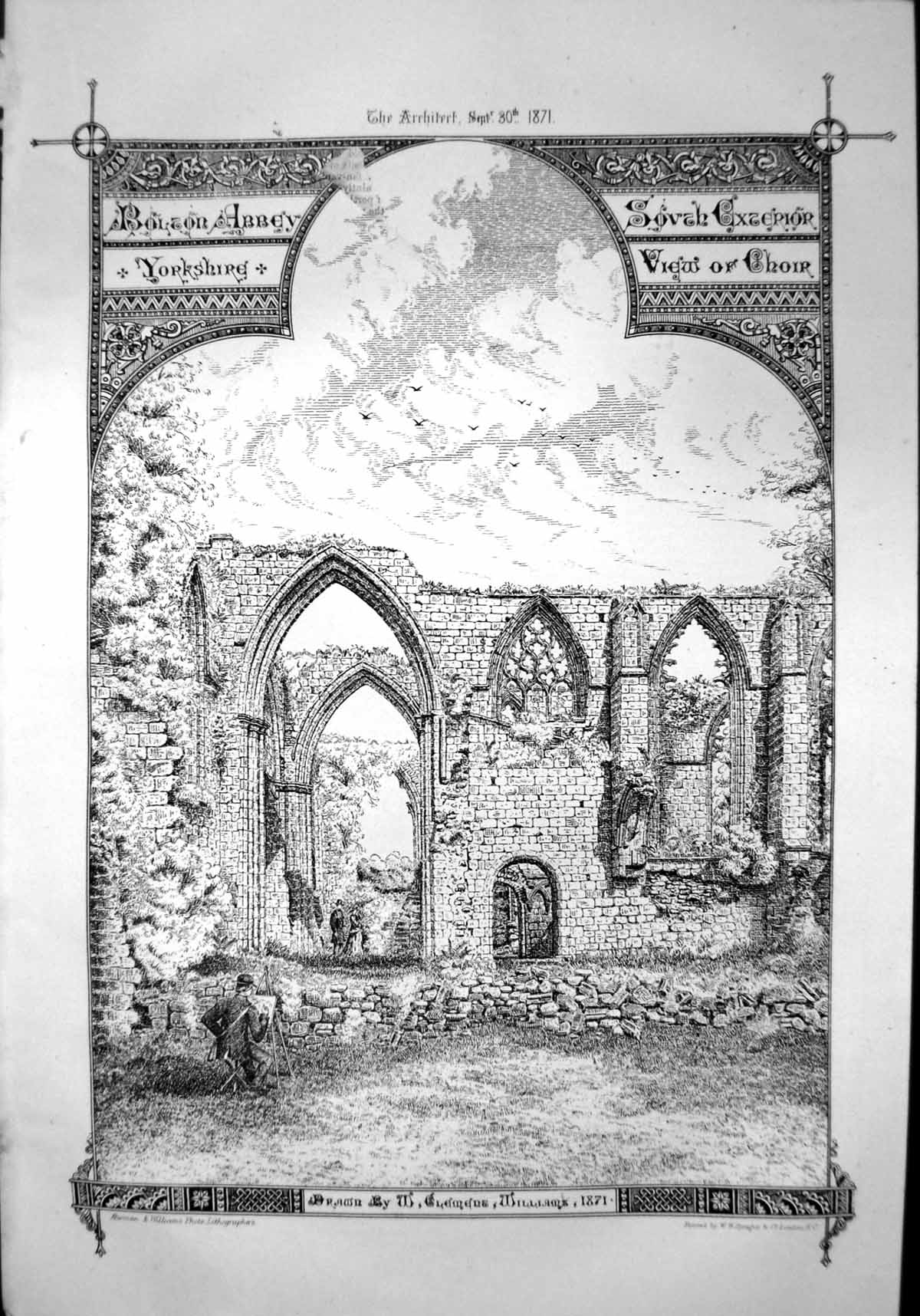 Old Bolton Abbey Yorkshire Exterior View Choir Artist Sketching 1871 Victorian