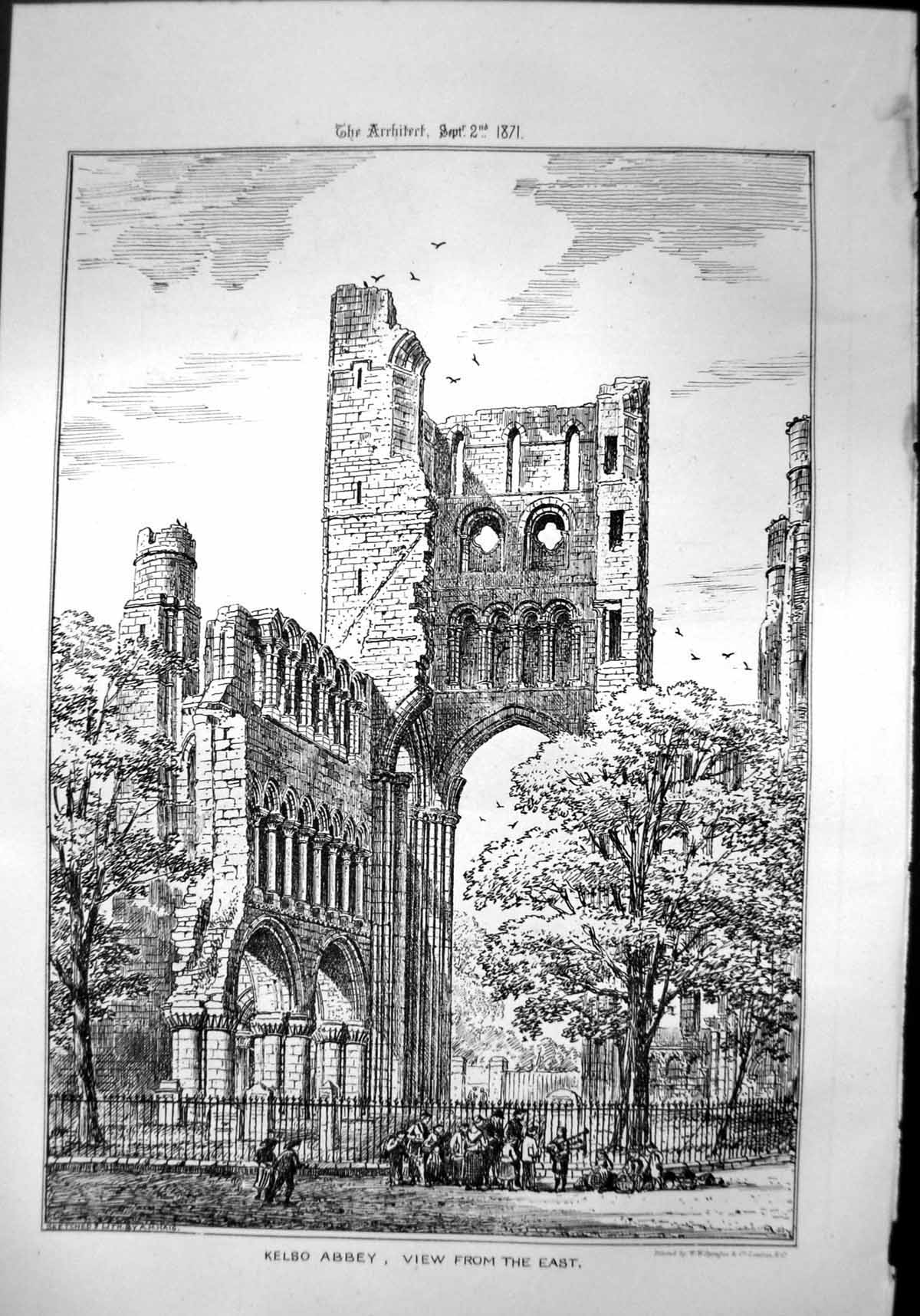 Old Kelso Abbey View From East Sketch Litho Ah Haig Piper Ruins 1871 Victorian