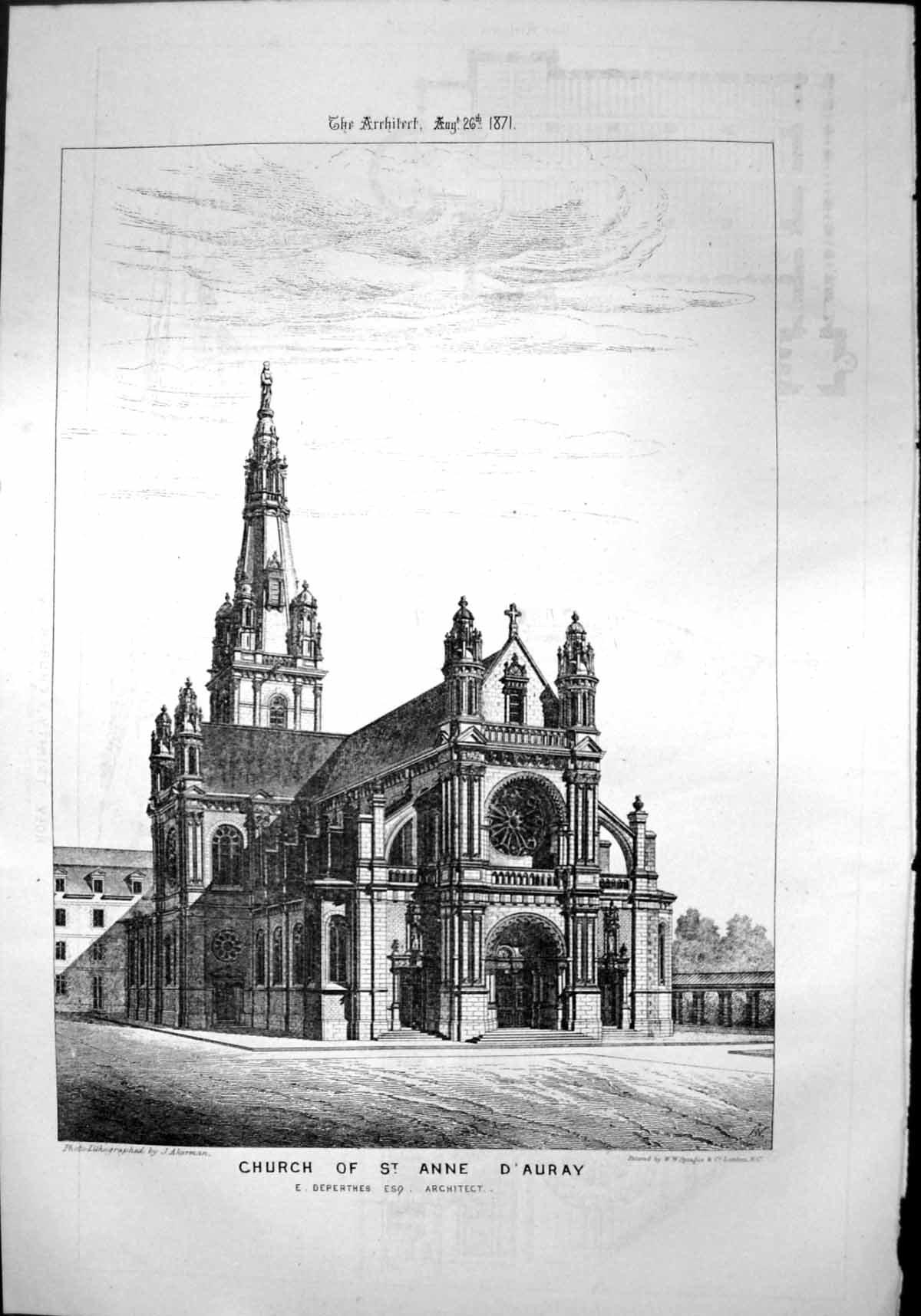 Old Print Church St Anne D'Auray E Deperthes Architect Exterior View 1871 19th