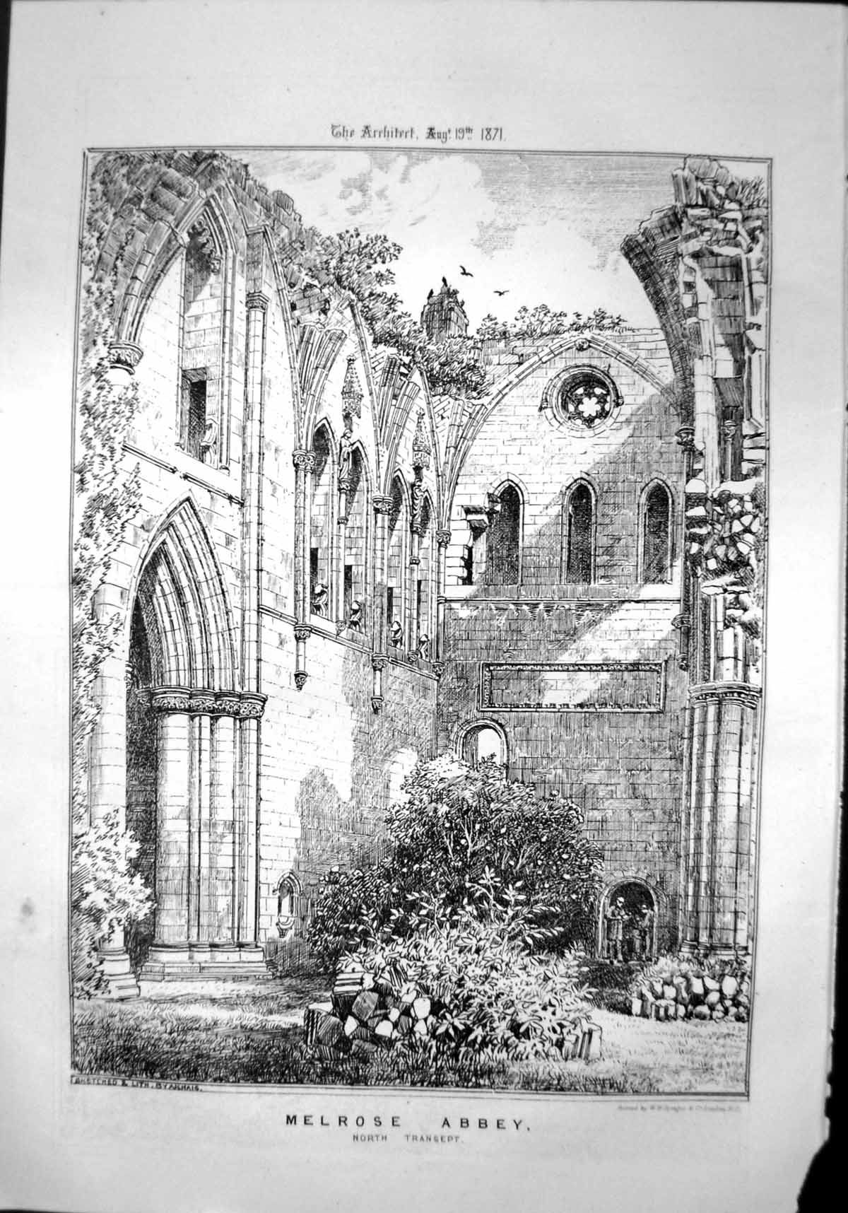 Old Melrose Abbey North Transept Columns Arches Foliage Roofless 1871 Victorian