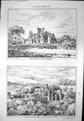 Antique Print Melrose Abbey View From East South Side From High Ground 1871
