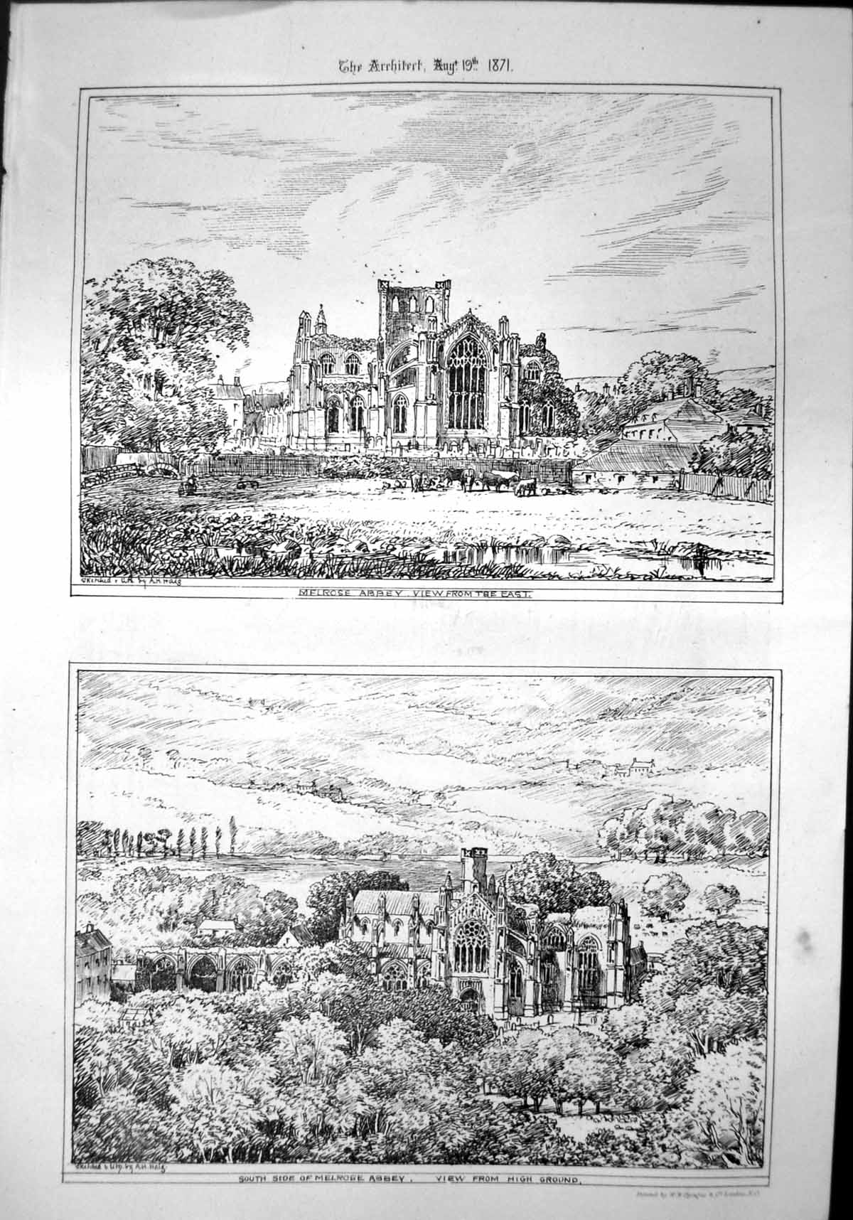 Antique Print Melrose Abbey View From East South Side From High Ground 1871