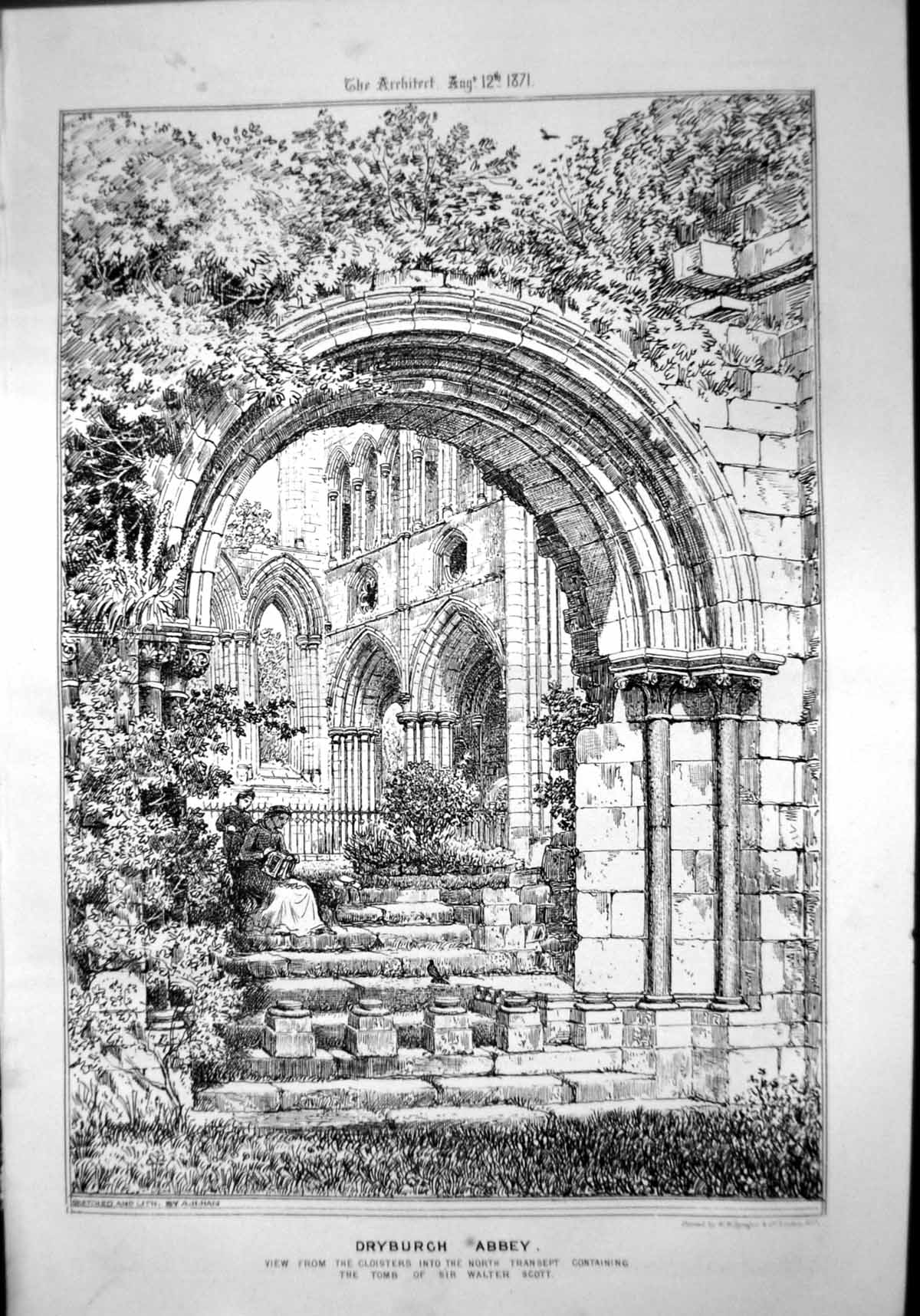 Antique Print Dryburgh Abbey View From Cloisters North Transept Stairs 1871