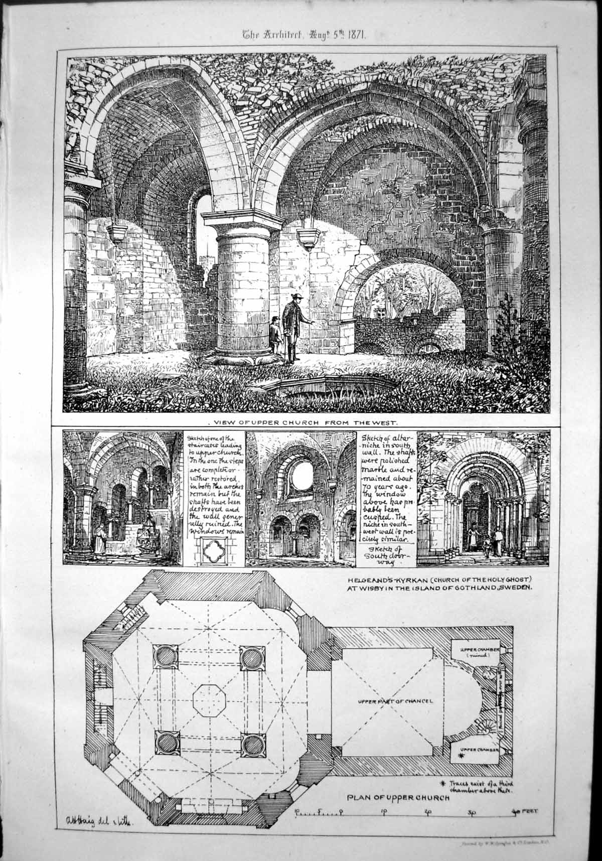 Old Print Helgeand'S-Kyrkan Church Holy Ghost Wisby Gothland Sweden 1871 19th