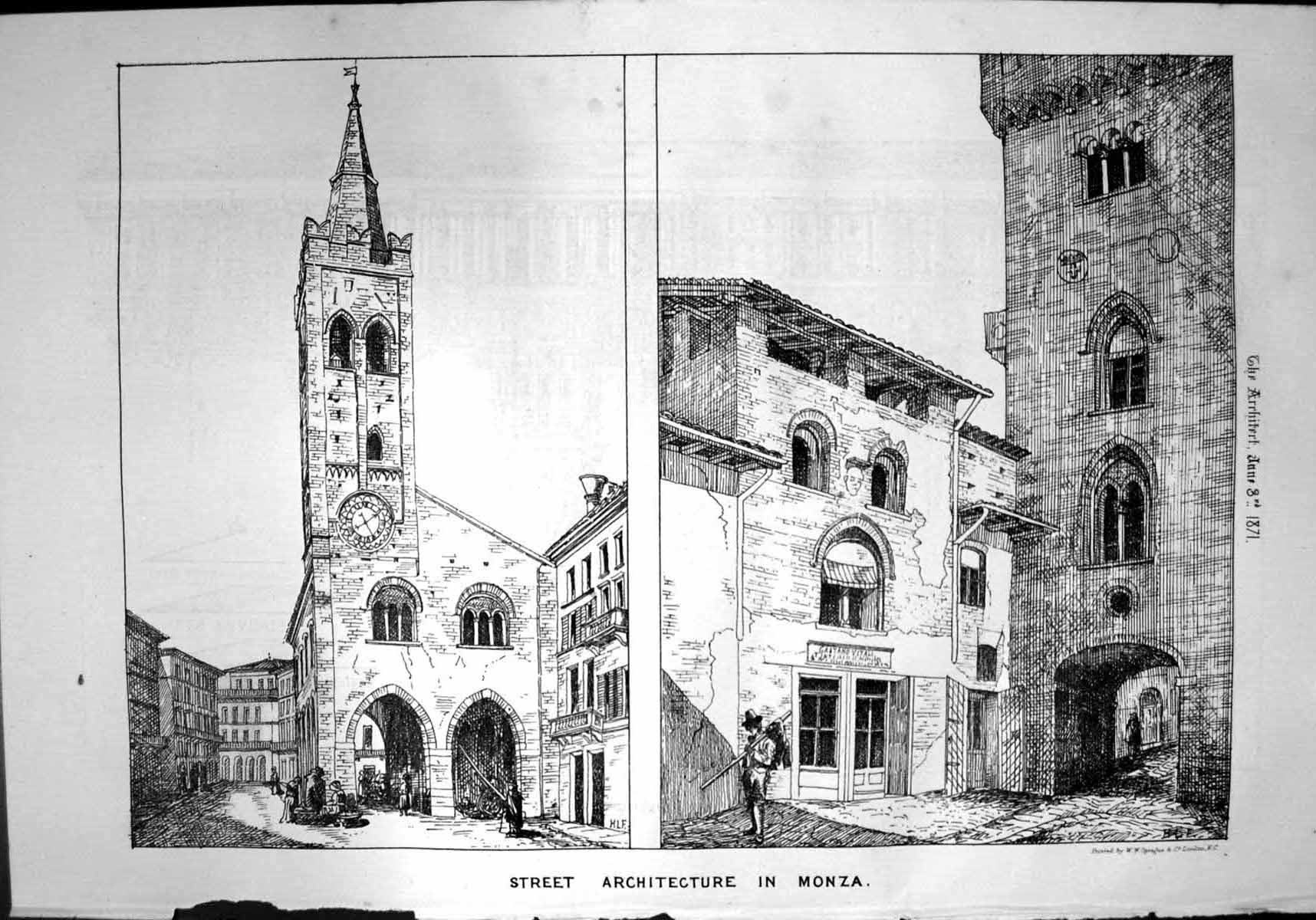 Antique Print Street Architecture Monza Clock Tower Arched Passageway 1871 19th