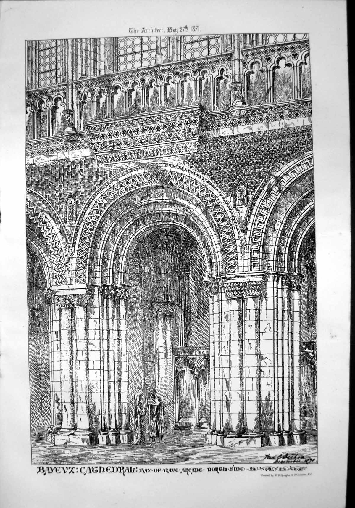 Old Print Bayeux Cathedral Bay Nave Arcade North Side Columns Arches 1871 19th