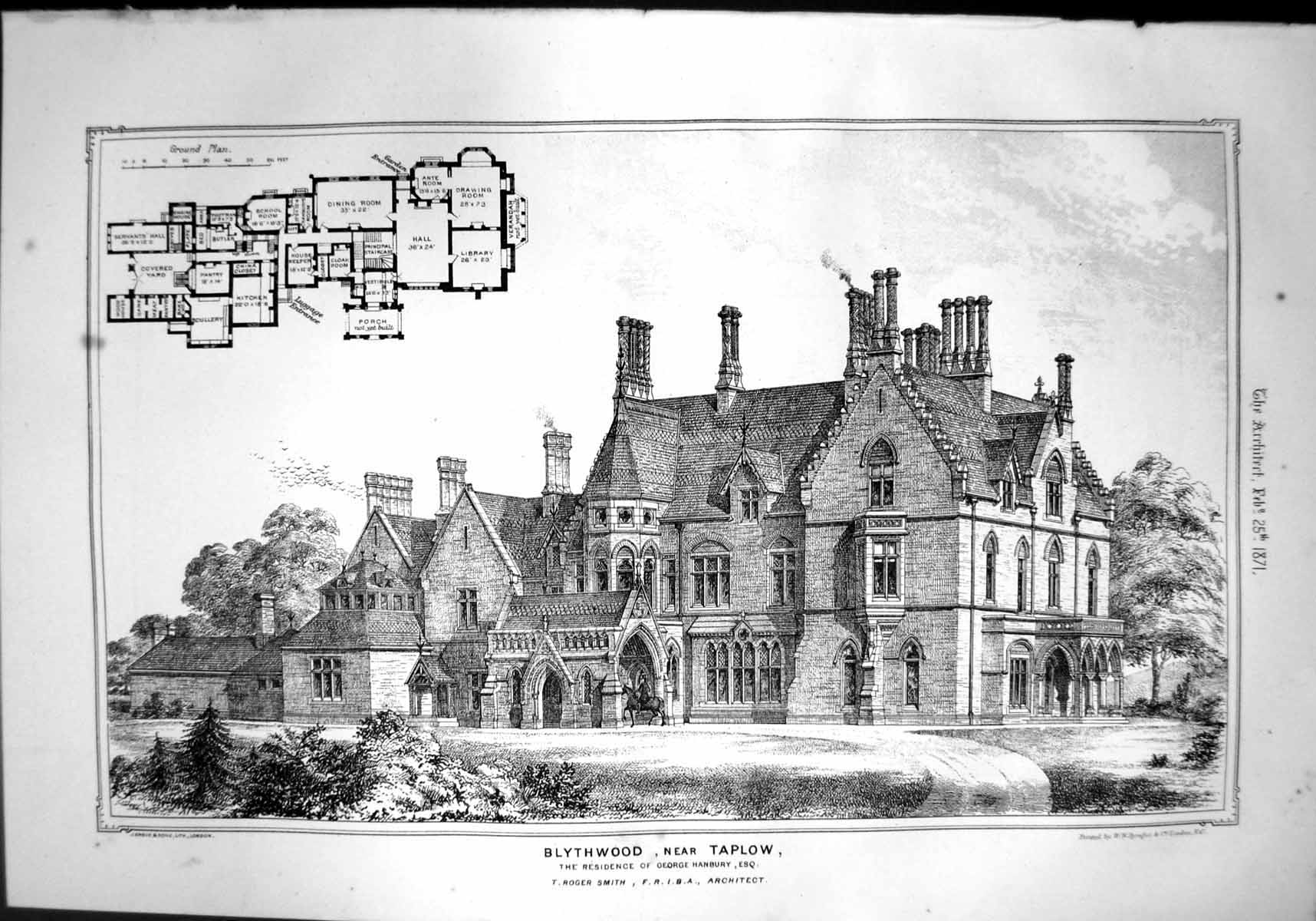 Old Print Blythwood Nr Taplow Residence G Hanbury Tr Smith Architect 1871 19th