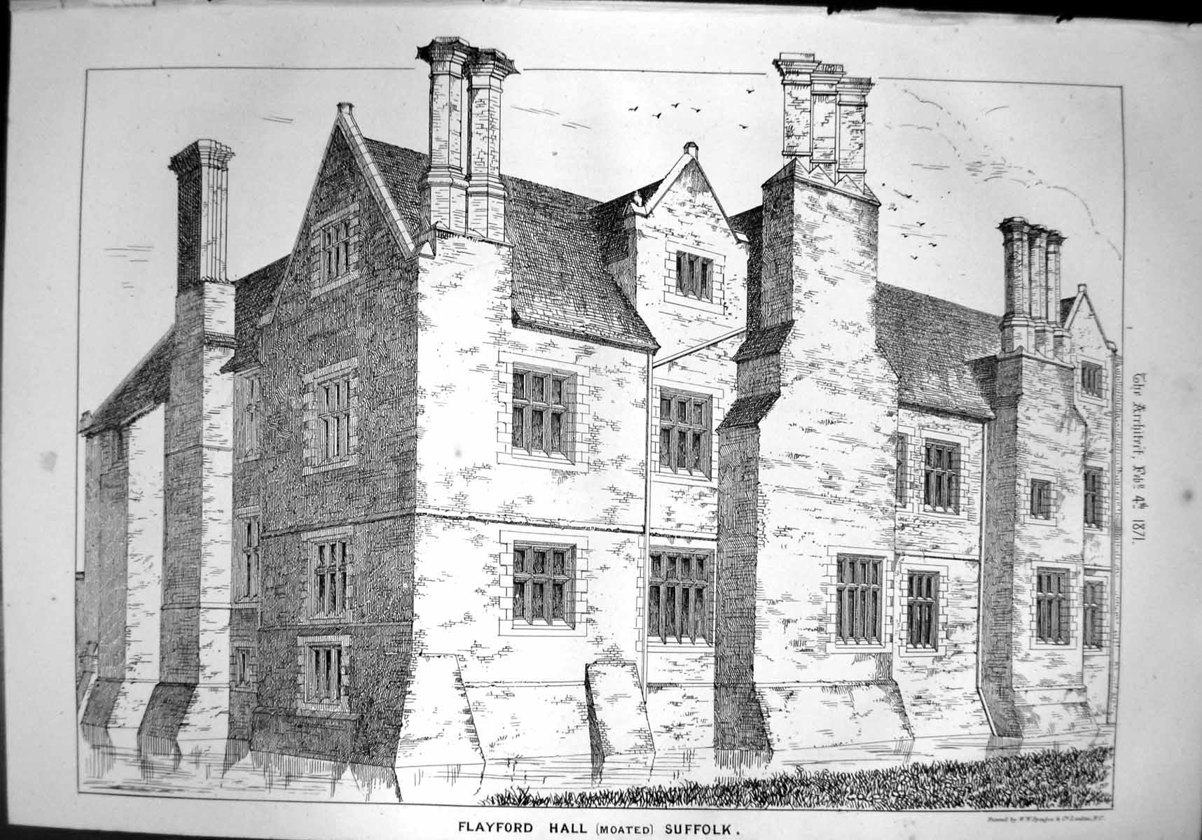 Antique Old Print Flayford Hall Moated Suffolk Tall Chimneys Buttresses 1871