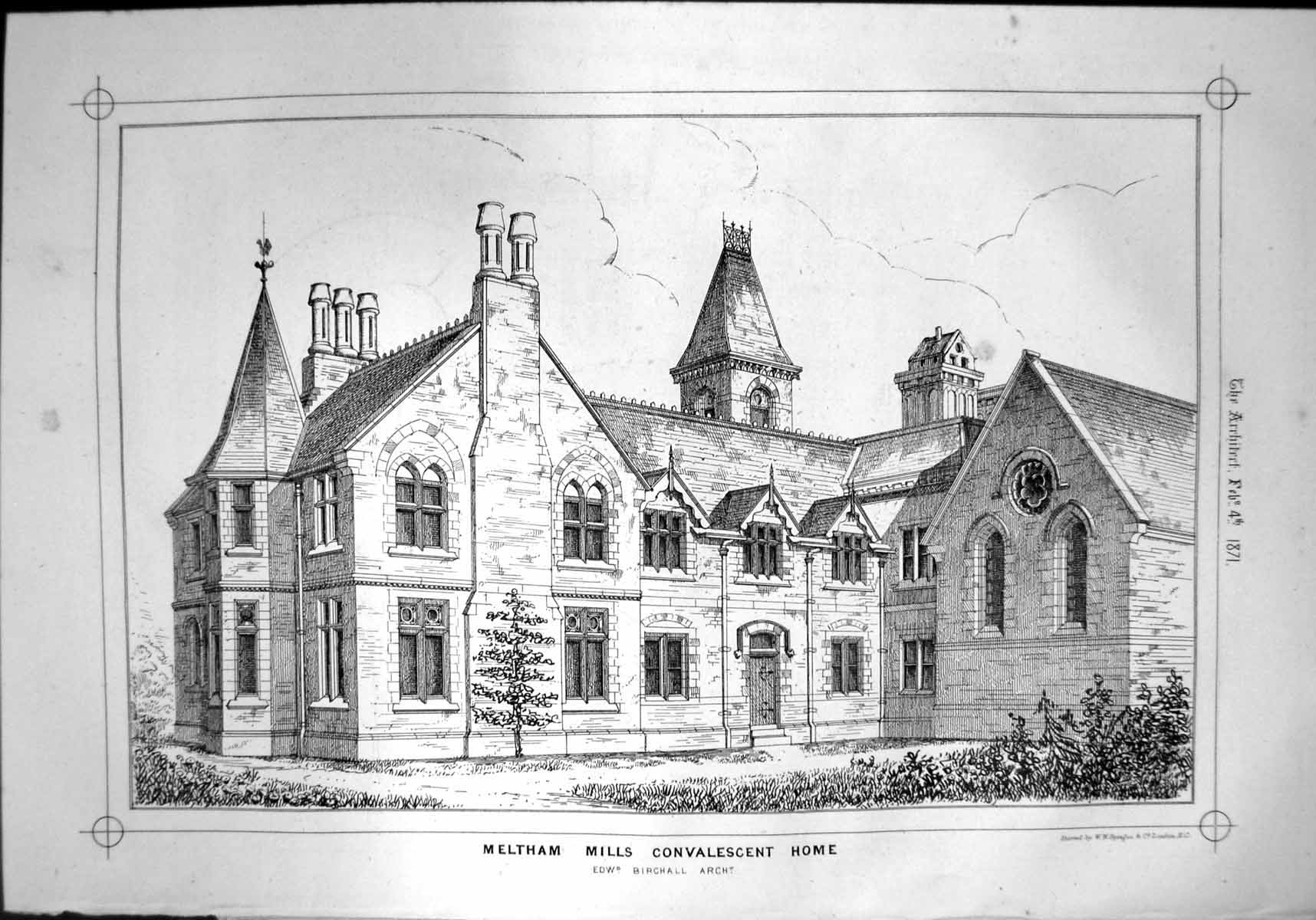 Old Print Meltham Mills Convalescent Home Edward Birchall Architect 1871 19th