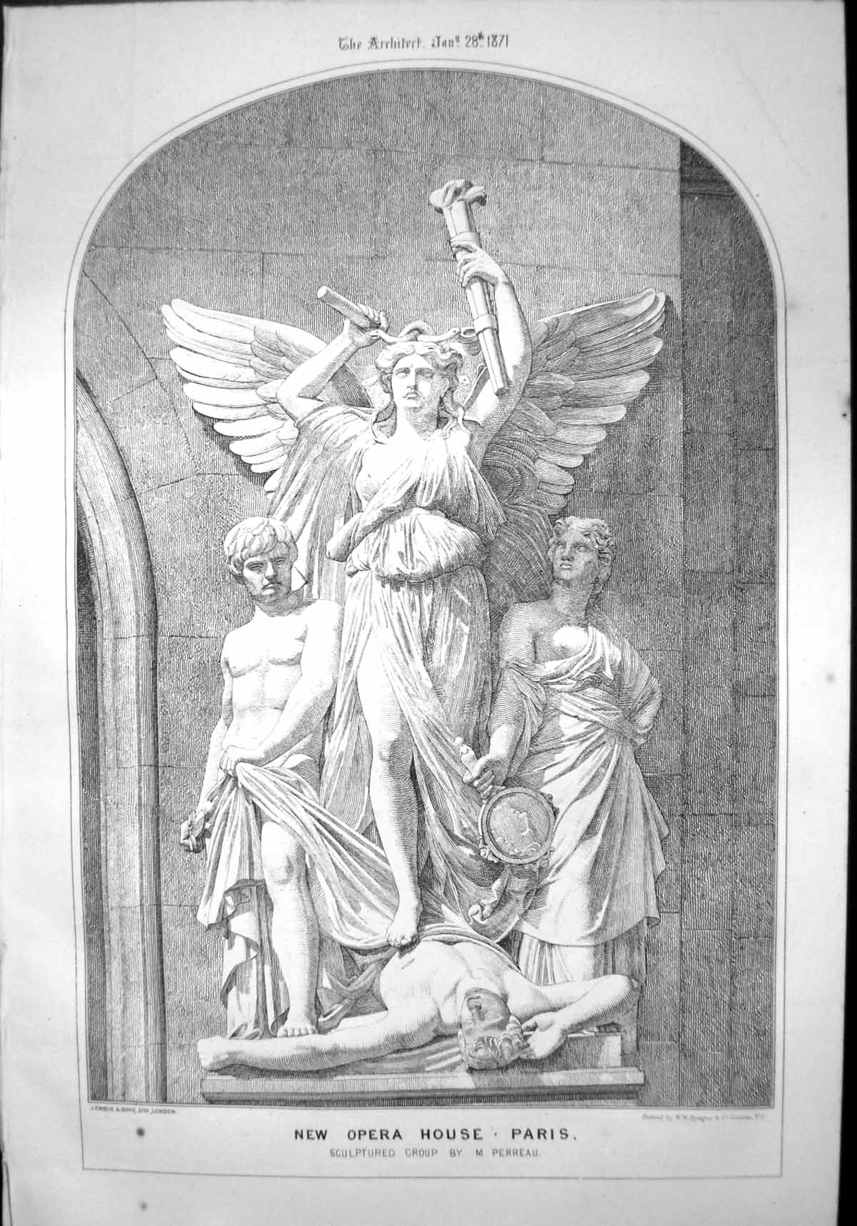 Antique Old Print New Opera House Paris Sculpted Statue Group M Perreau 1871