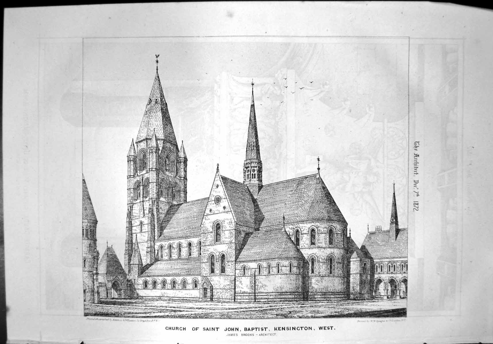 Antique Old Print Church Saint John Baptist Kensington West James Brooks 1872