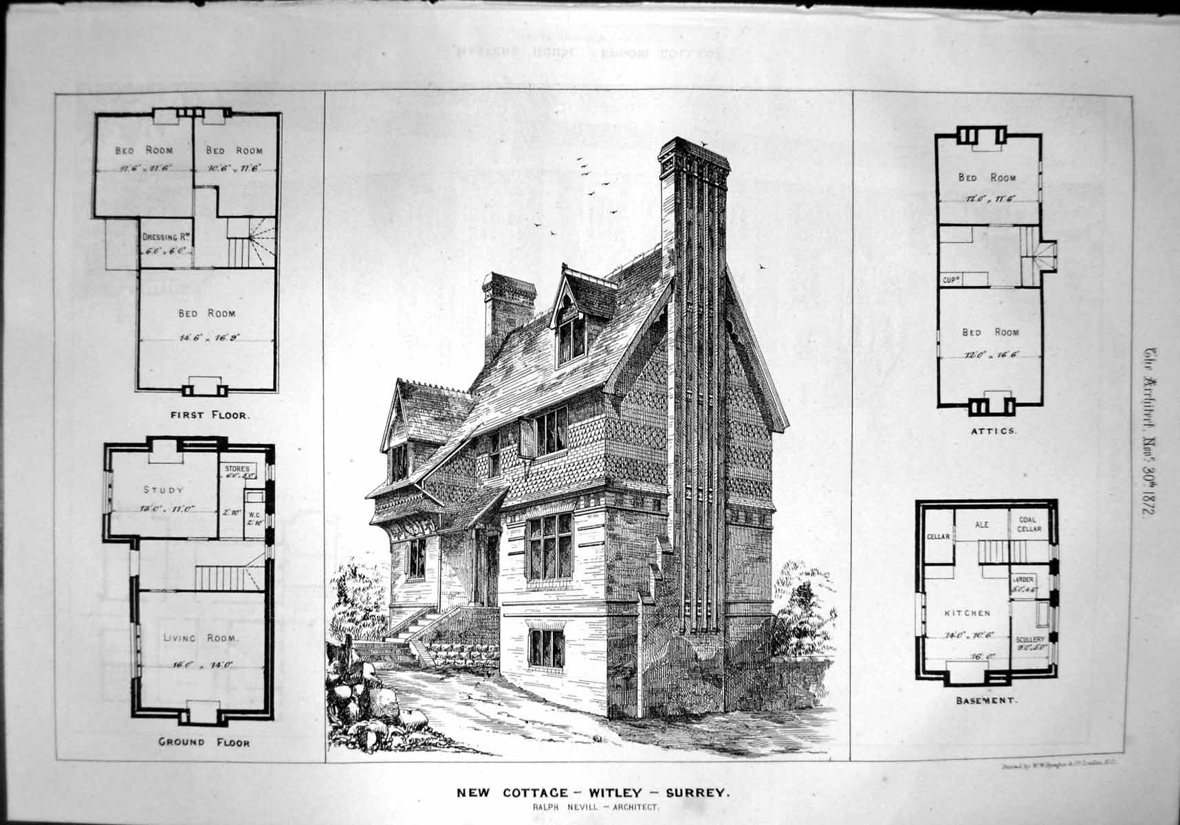 Old Print New Cottage Witley Surrey Ralph Neville Perspective Plans 1872 19th
