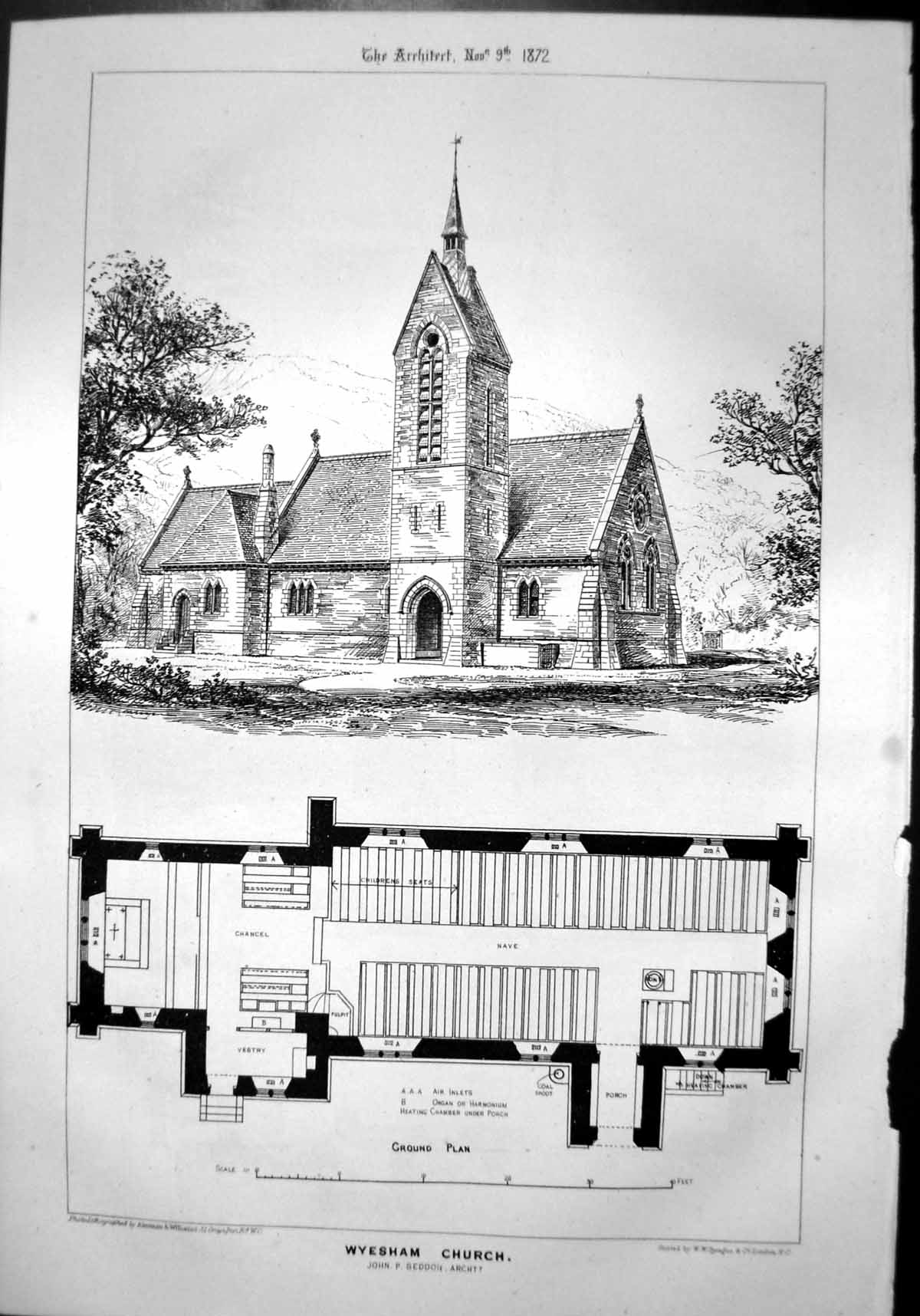 Antique Print Wyesham Church John P Seddon Architect View Ground Plan 1872 19th