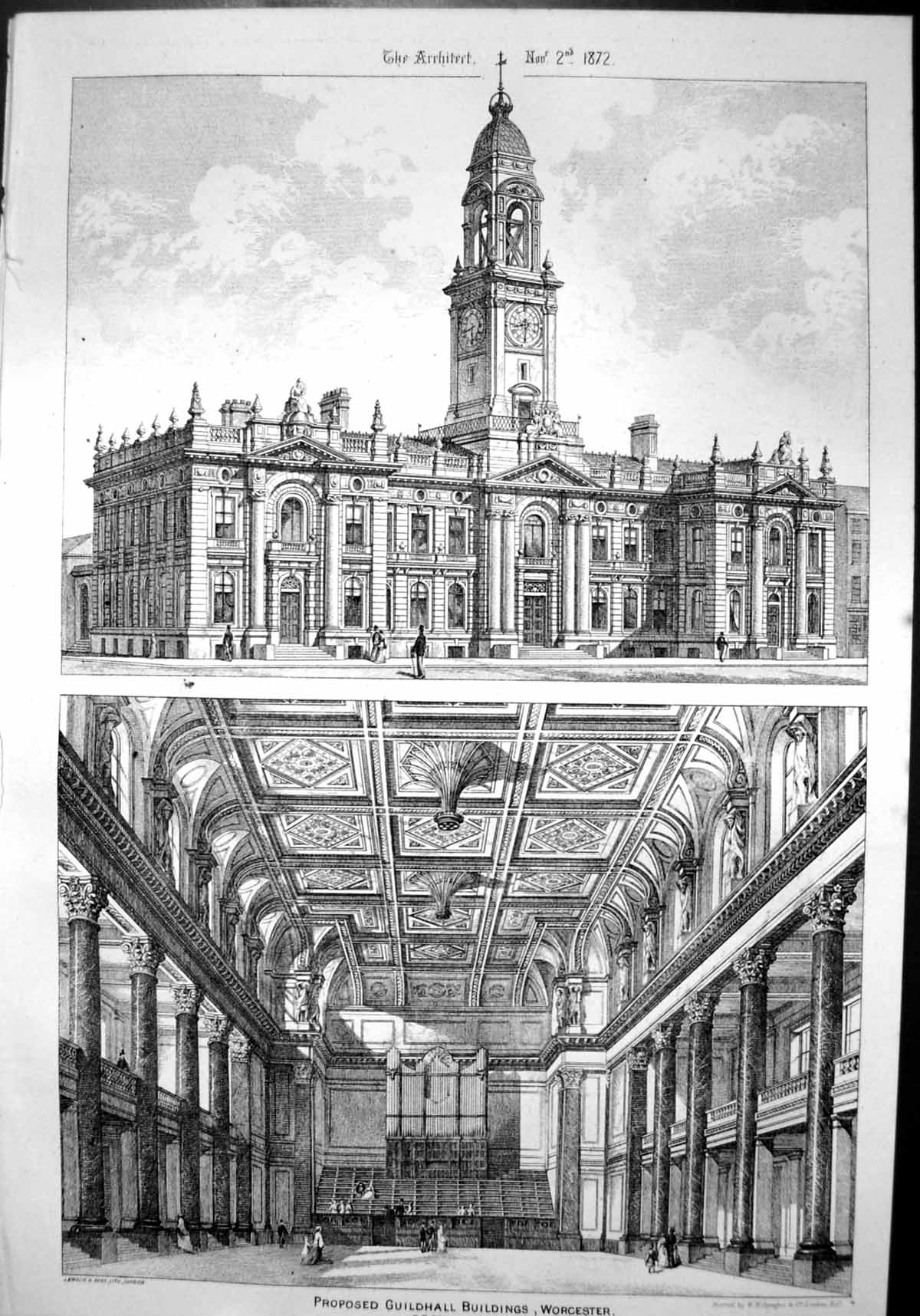 Old Proposed Guildhall Buildings Worcester Front Elevation Interior 1872 19th